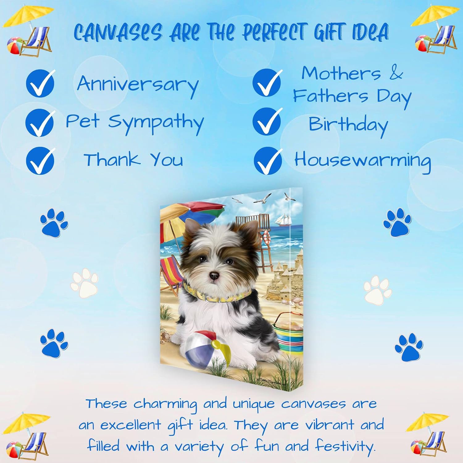 Doggie of the Day Pet Beach with Biewer Terrier Dogs Canvas Wall Art - Premium Quality Ready to Hang Room Decor - 1.5" Thick Canvas Wrap 11" x 14"