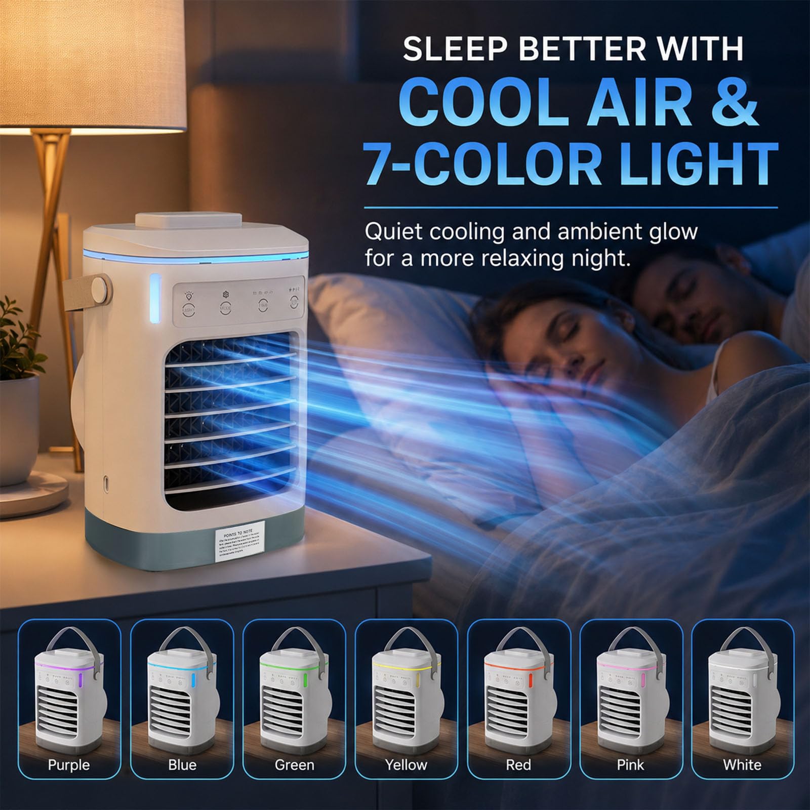 Mobile Klimaanlage Klein, 4 IN 1 Mini Luftkühler mit Wasserkühlung, 4 Geschwindigkeiten, 2-8H Timer, Leiser USB Luftkühler mit 7 Farben LED für Zimmer Büro