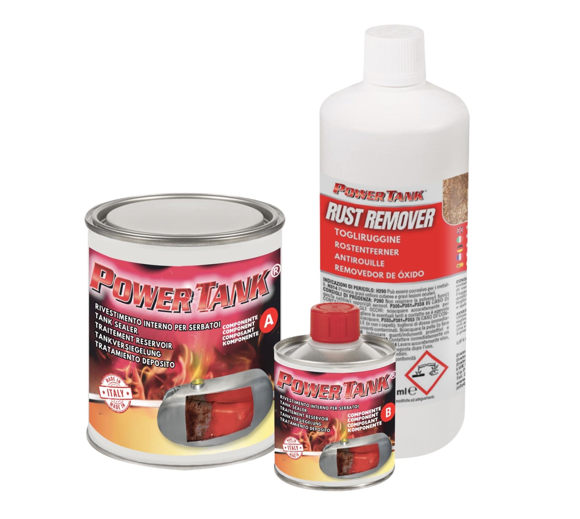 POWER TANK - Tratamiento Tanque Deposito Moto (20/25 LT) Kit Mediano Medium 700 g para Interior de Tanques de Gasolina Elimina Óxido Repara Protege Tanques Oxidados de Motos, Autos, Vespa de Época