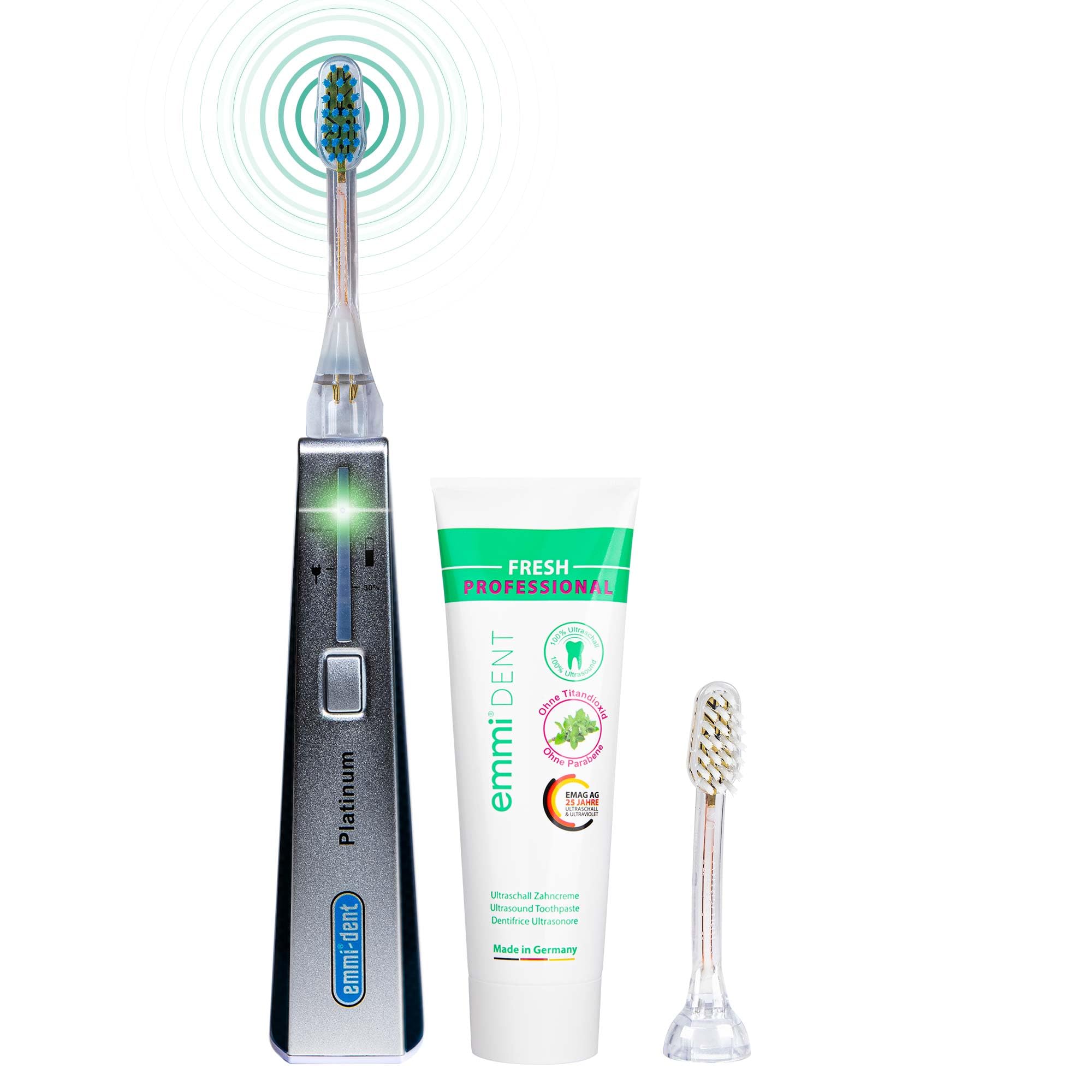 emmi-dent Platinum Cepillo de Dientes Eléctrico Ultrasónico (Set Básico Carbon) I Ideal para Dientes y Encías Sensibles I Cepillado Óptimo sin Frotar I Hasta 15 Días de Batería