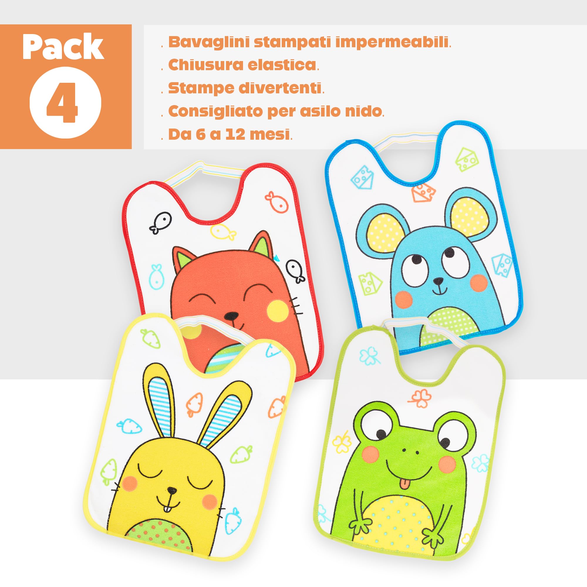 Set di 4 bavaglini per bambini 6-12 mesi microfibra impermeabili 24x31 cm con elastico animali
