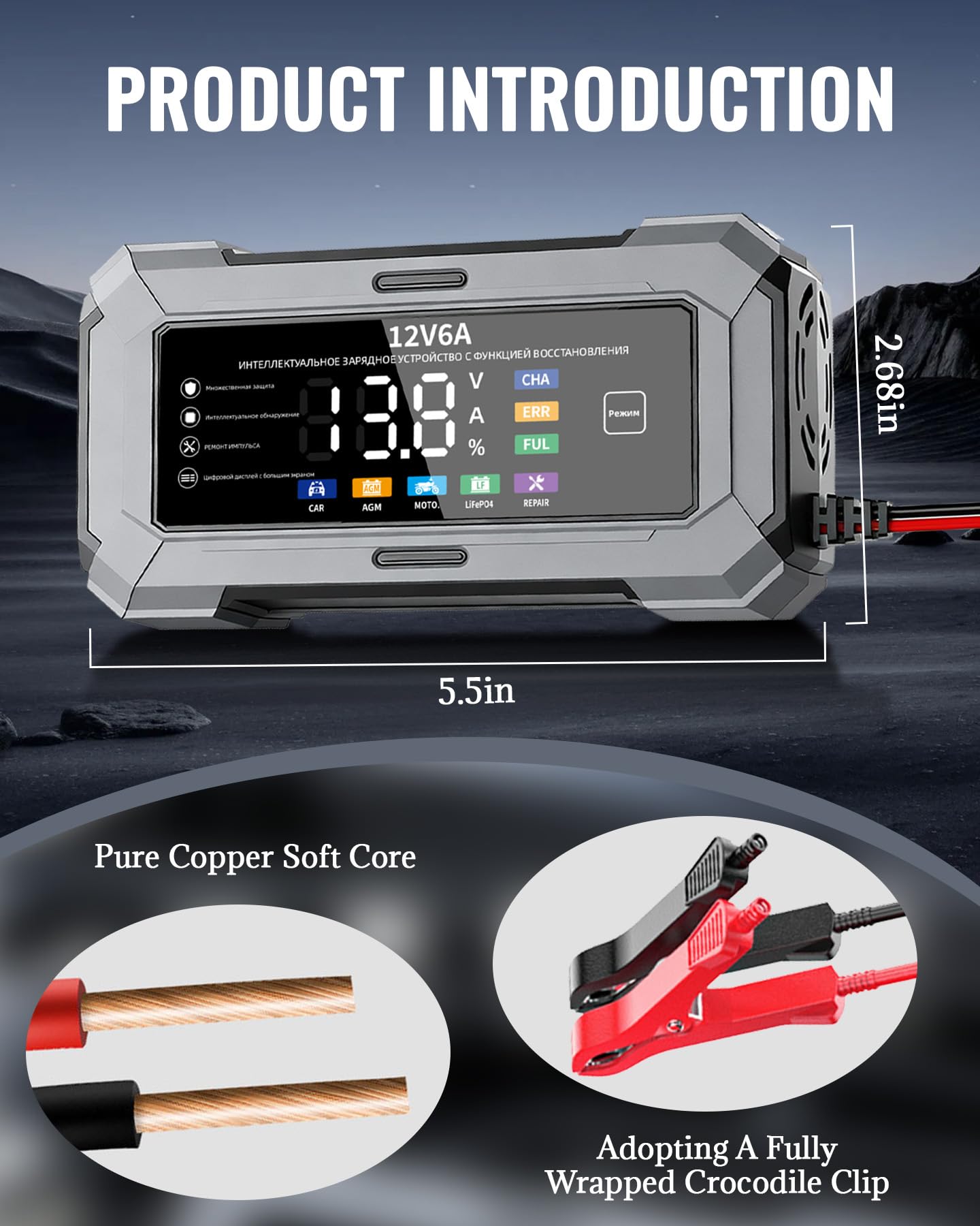 6A 12V Car Battery Charger & Trickle Charger for Car Battery with Pulse Repair & Digital Display, Compatible with CAR AGM MOTO LiFePO4 Batteries - 3