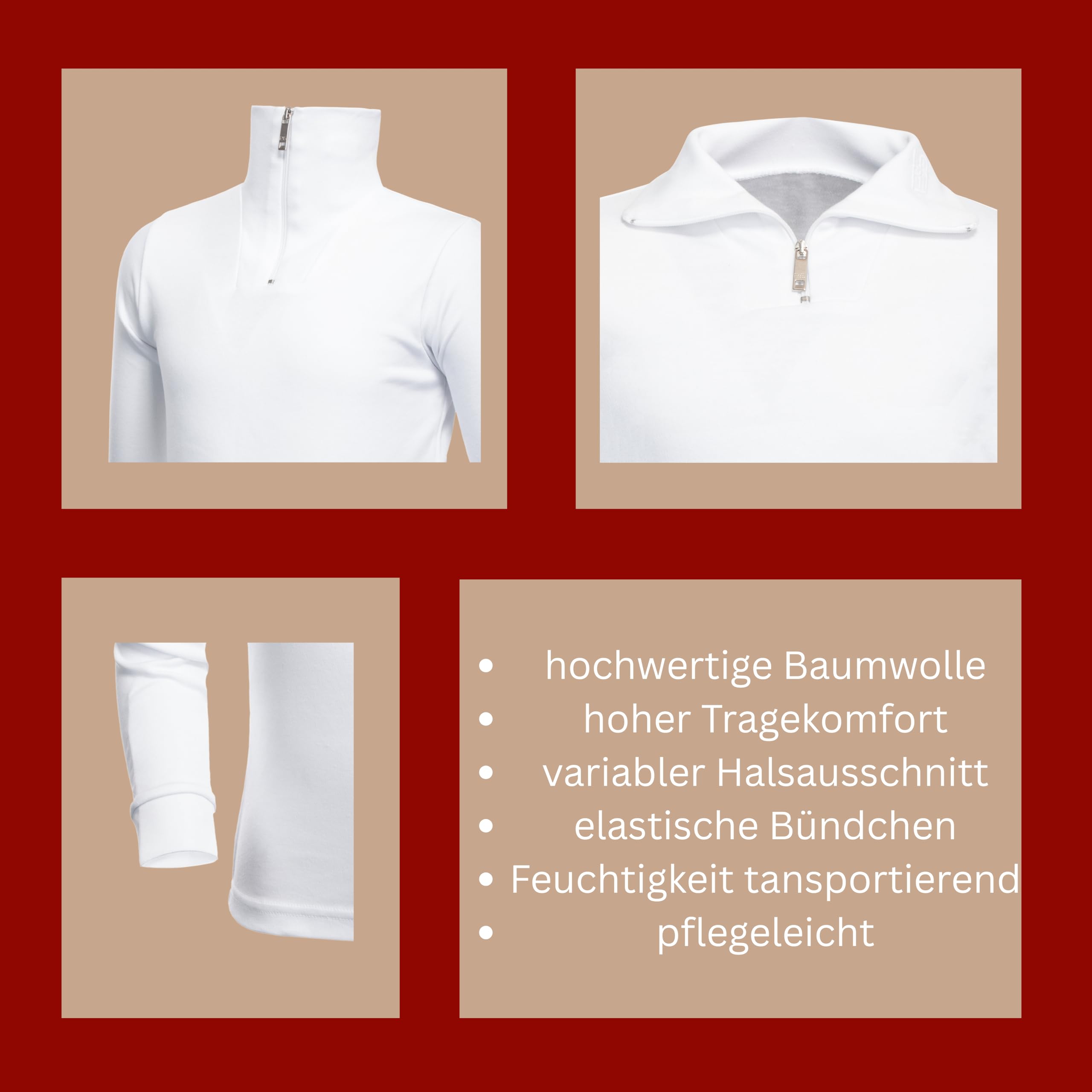 Medico Ski Shirt, 100% Baumwolle, Langarm, Rollkragen, Reißverschluss