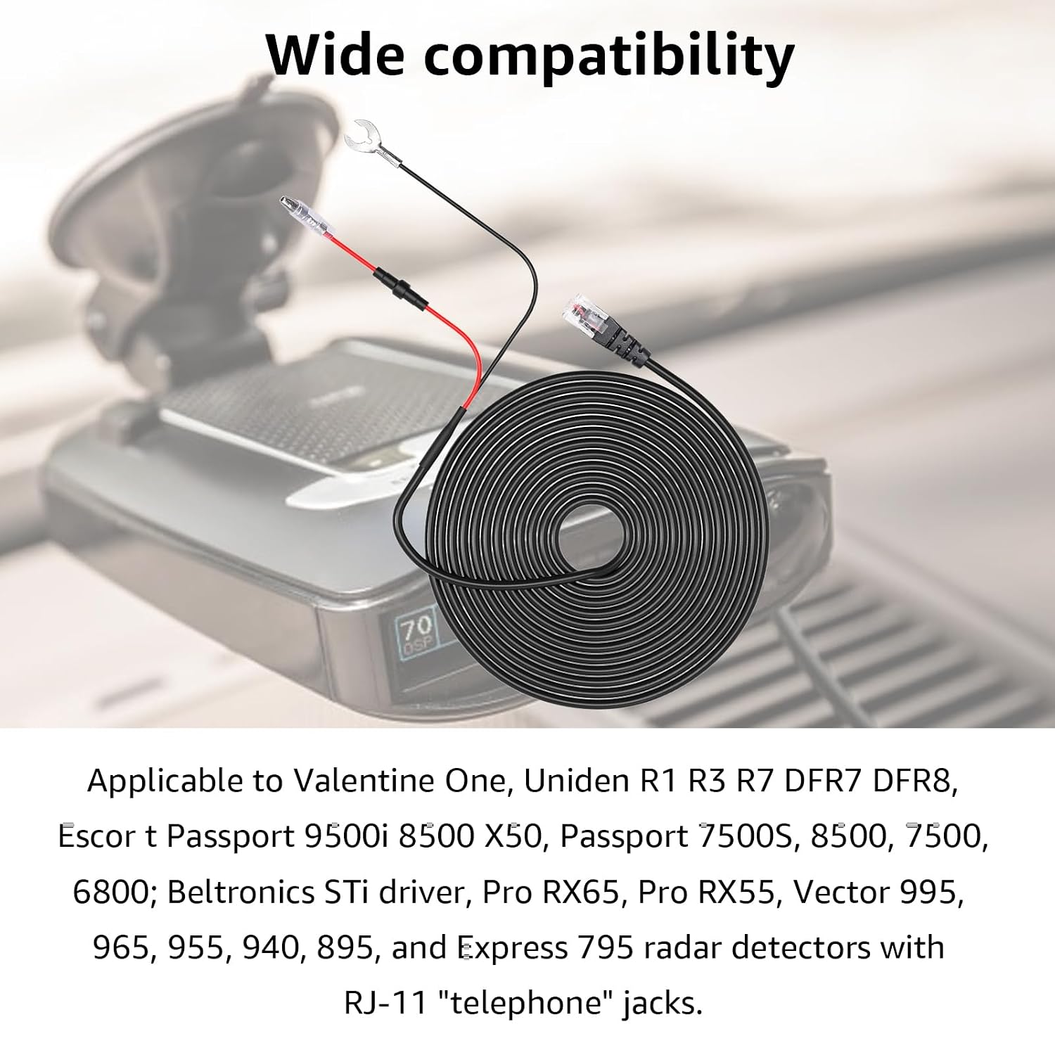 RJ11 Radar Detector Hardwire Kit for Uniden R1 R3 R7 DFR9 DFR8 DFR7 Valentine One & More Radar Detector Power Cord Multiple Fuse