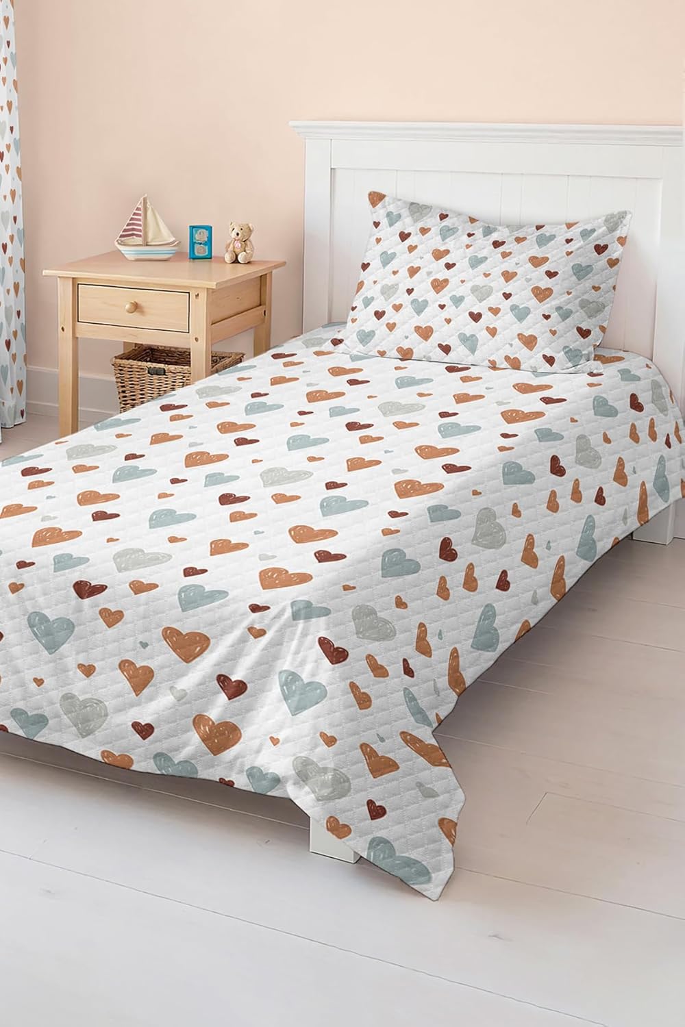 SODEF Quilt Set Single Size Kids Brown and Blue Heart Pattern, Unisex Design, Cotton Polyester Blend, 2 Piece Bedding - Multicolor, One Size