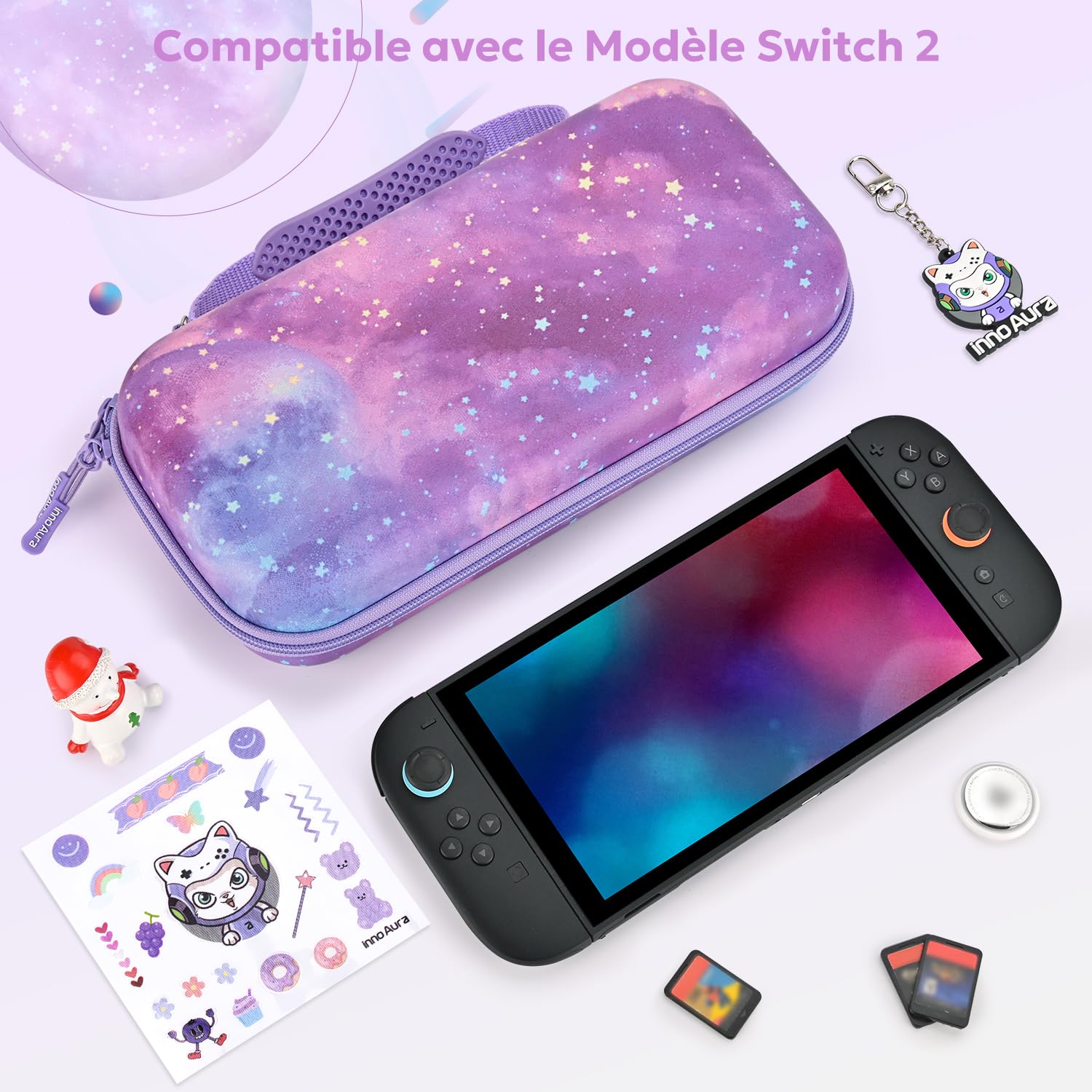 innoAura Étui Switch 2, Étui PU Résistant aux Éclaboussures et Chocs pour Switch 2, Poche Maille Extra-Large, Double Fermeture Éclair, Emplacement AirTag (Non Inclus), Violet Galaxy