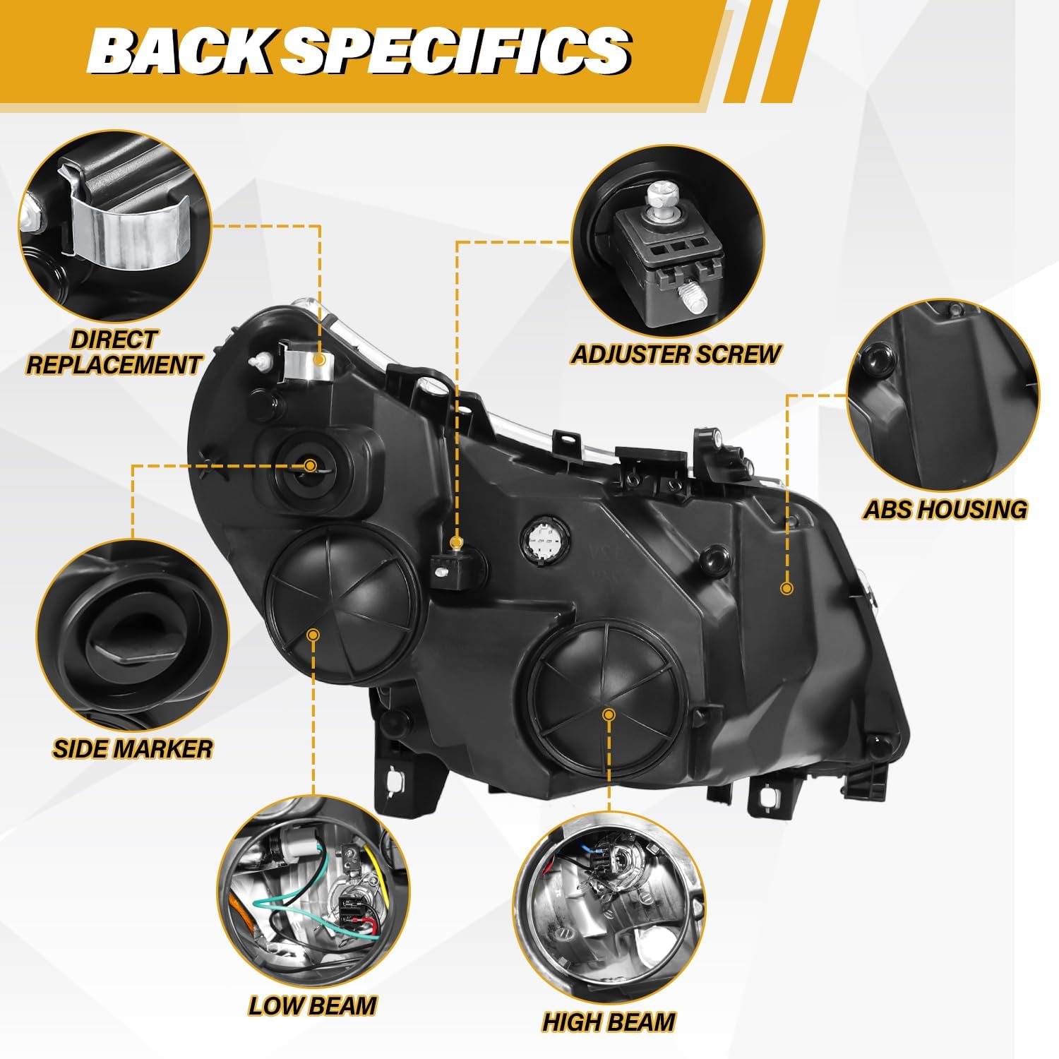 5 Pins Headlight Assembly w/o DRL Compatible with Dodge RAM Promaster 1500 2500 3500 2014-2022 Headlamp, Replacement for 4725944AJ 4725945AJ, Black Housing White Corner