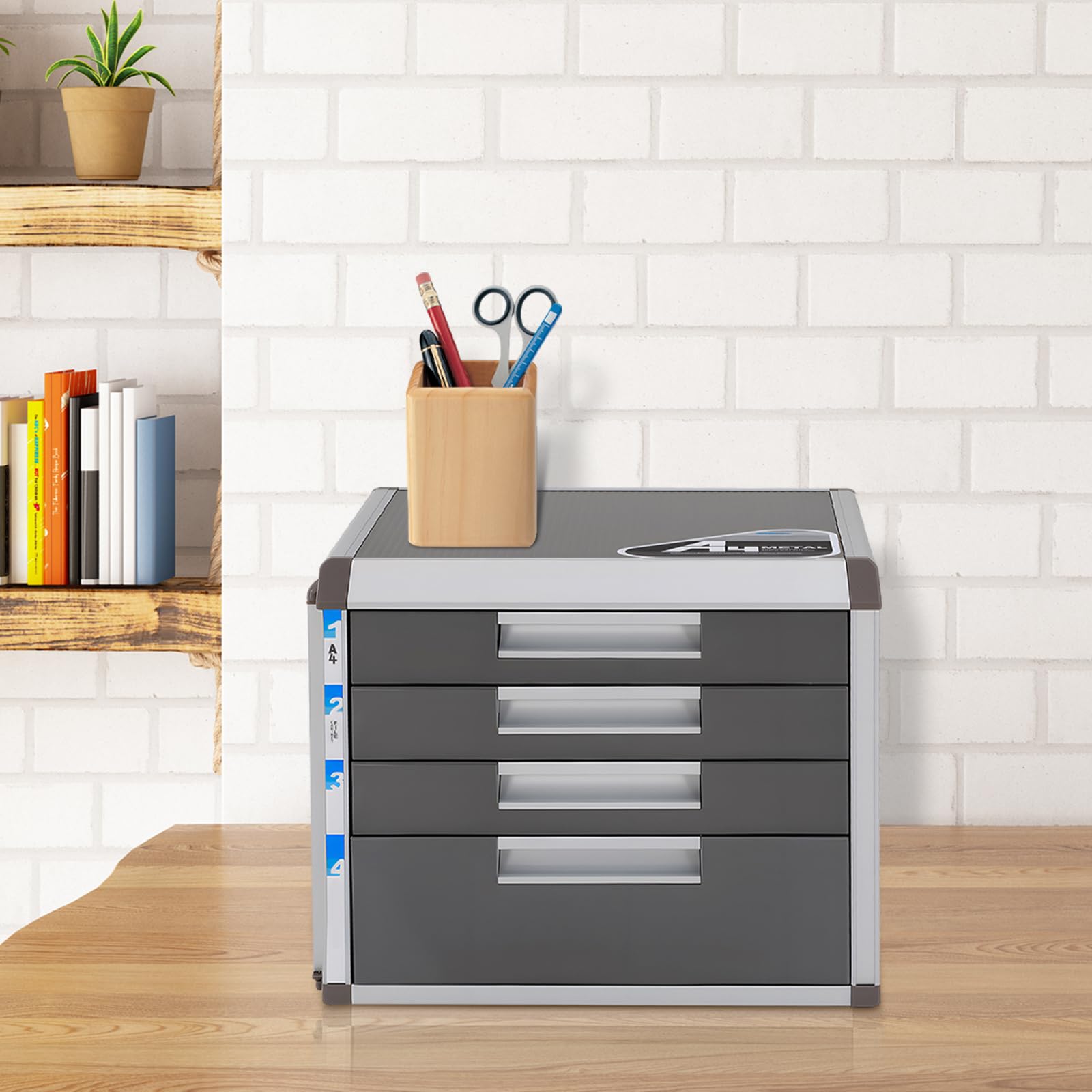 Abschließbare Schubladenbox A4, 4 Fächer Dokumentenbox aus Aluminiumlegierung, 31,5x35x29,8cm, Ablagebox mit Schloss für Büro und Zuhause