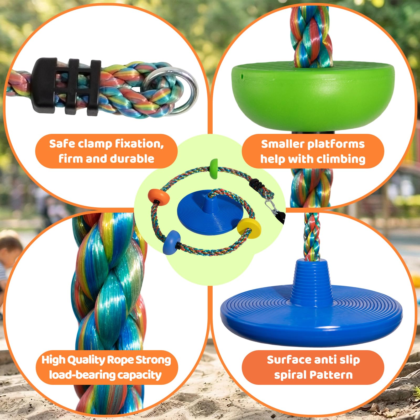 Vdealen Kletterseilschaukel, Kinderschaukel für den Außenbereich, mit Frisbee-Sitz, geeignet für Garten und Hof, Längenverstellbar, farbenfrohe Ausführung, 1,9 Meter lang (Blau)