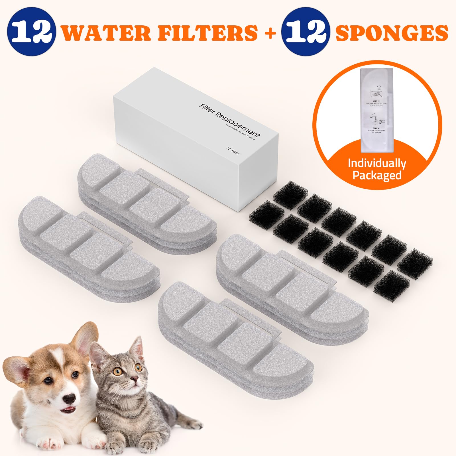 Pawtners Paquete de 12 filtros de repuesto para fuente de agua WF008A para gatos, material de filtración múltiple, filtro de repuesto para fuentes de agua de mascotas, gatos, perros