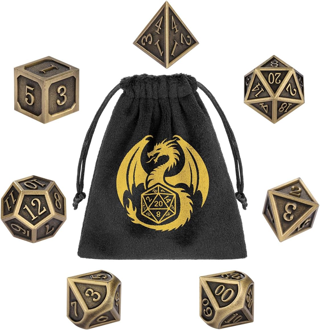 Metal Dice Set, 7pcs Polyhedral Metal DND Dice Set, DND Starter Set, D&D Gifts with Gift Bag, Role Playing Board Games Accessories, Bronze