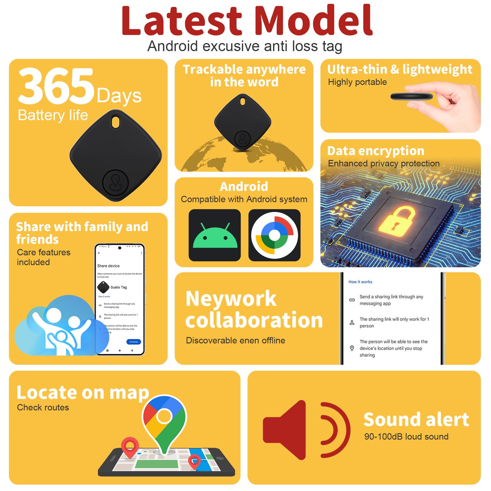 Air Tracker Android, 4 Pezzi Smart Tag Android Trova Oggetti, Funziona con Google's Find Hub, Air Tracker Tags Bluetooth Localizzatore Chiavi per Chiavi/Bagagli/Valigie/Portafogli (Nero)