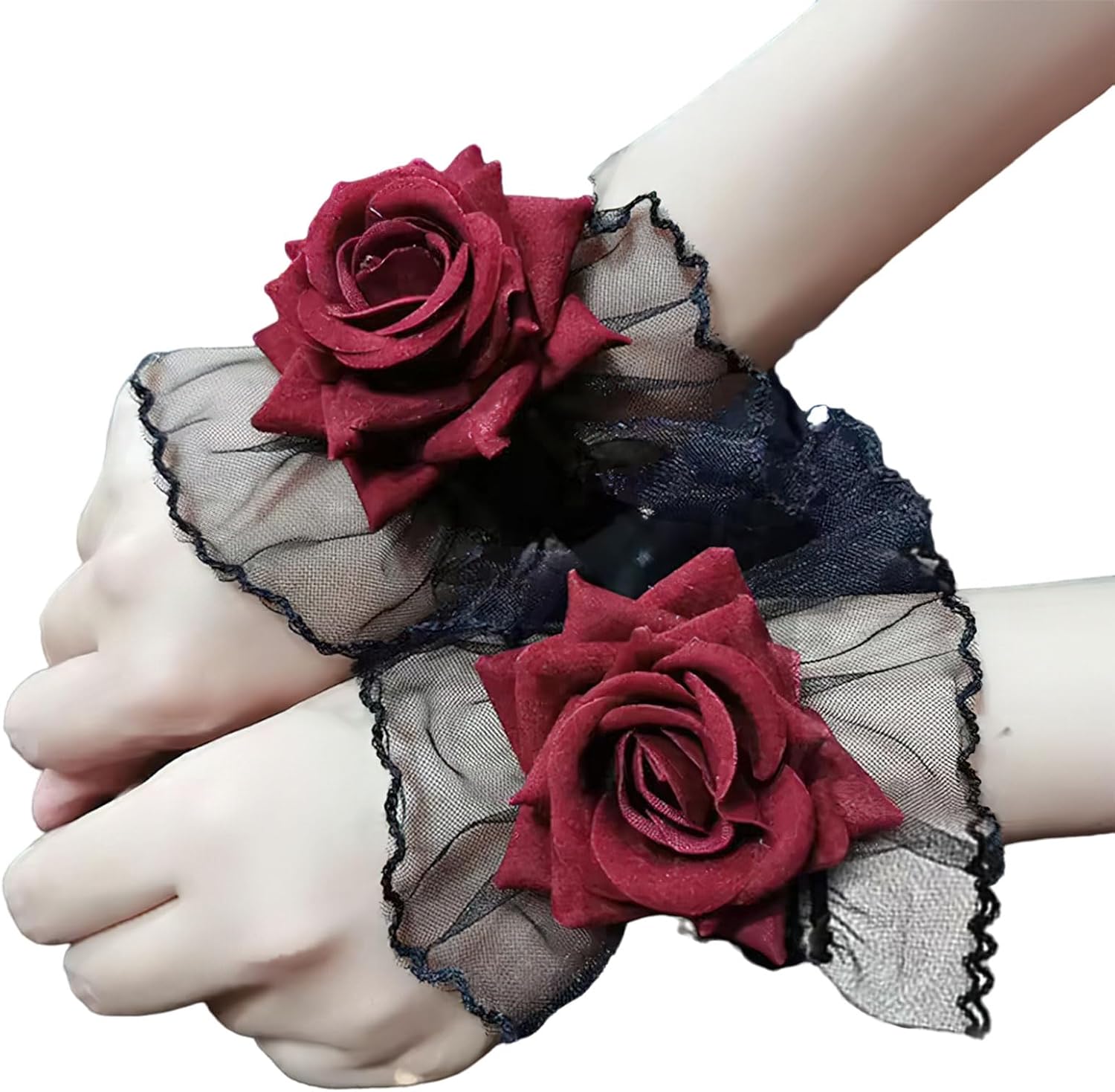 Lolita Red Rose Lace Gloves Gothic Short Lace Black Wristlet Fingerless Wristband Hand Sleeve Dress Accessories for Halloween Masquerade Cosplay Wedding