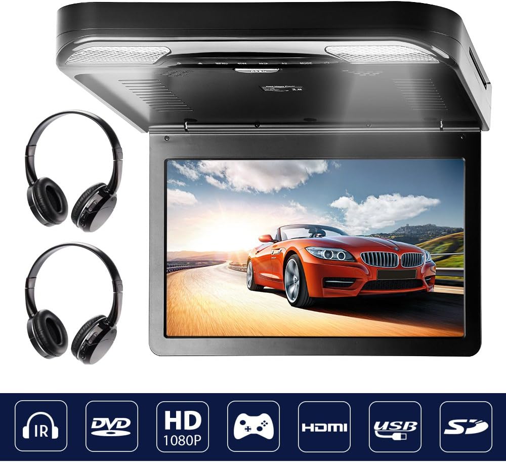 Flip Down DVD Player Video Monitor for Car SUV with HDMI USB SD IR Wireless Headphones 13.3 inch 1080P Black