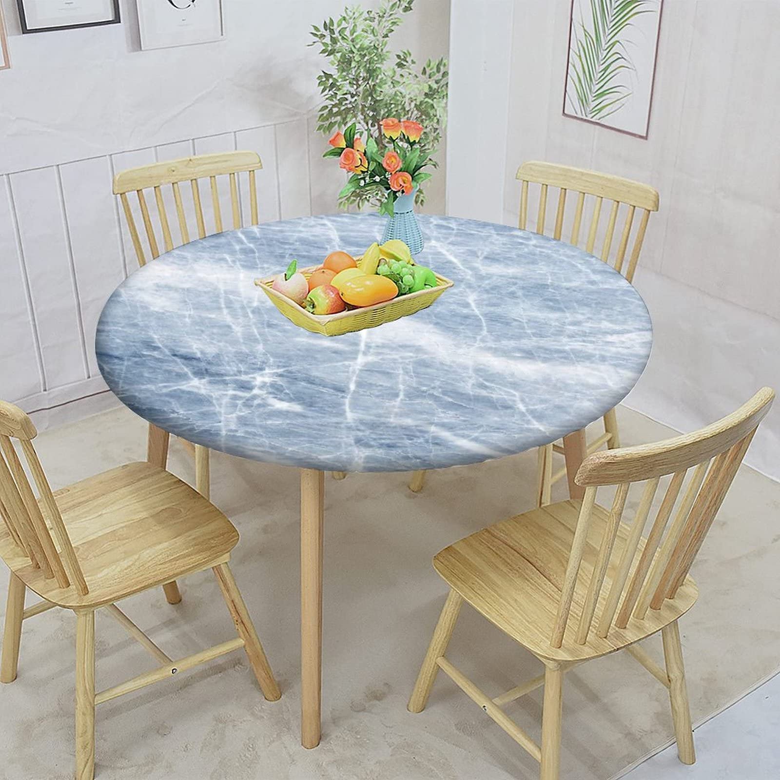 Marble Fitted Round Table Cloth,Light Blue Marble with White Cracks Decorative Elastic Edged Print Polyester Table Cover, Fits Round Table 48