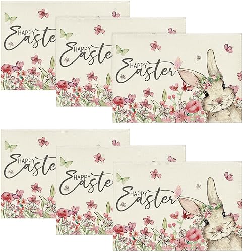 Miniatura 8 de Artoid Mode Juego de 4 manteles individuales de Pascua con diseño de conejo, diseño floral, 12 x 18 pulgadas, para decoración de fiestas, cocina,