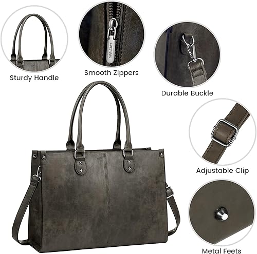 Miniatura 5 de LOVEVOOK Bolsa Tote para Laptop para Mujeres, 15.6 Pulgadas de Gran Capacidad Bolsa de Trabajo de Computadora de Cuero Vintage, Bolso de Hombro
