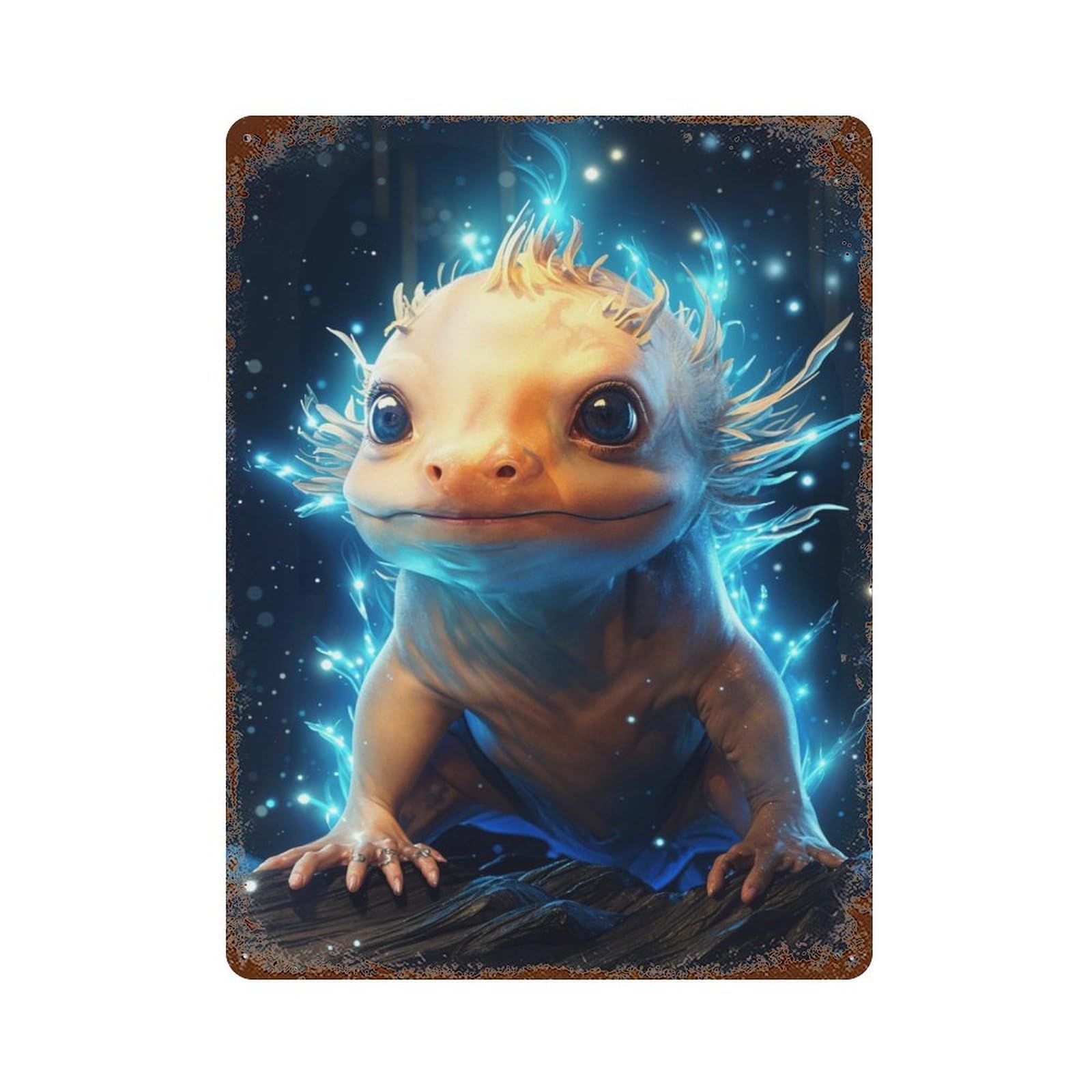 Rust Effect Cosmic Celestial Axolotl Distressed Metal Wall Sign 15.7"x11.8", Farmhouse Wall Decor for Office, Studio And Wall Decor