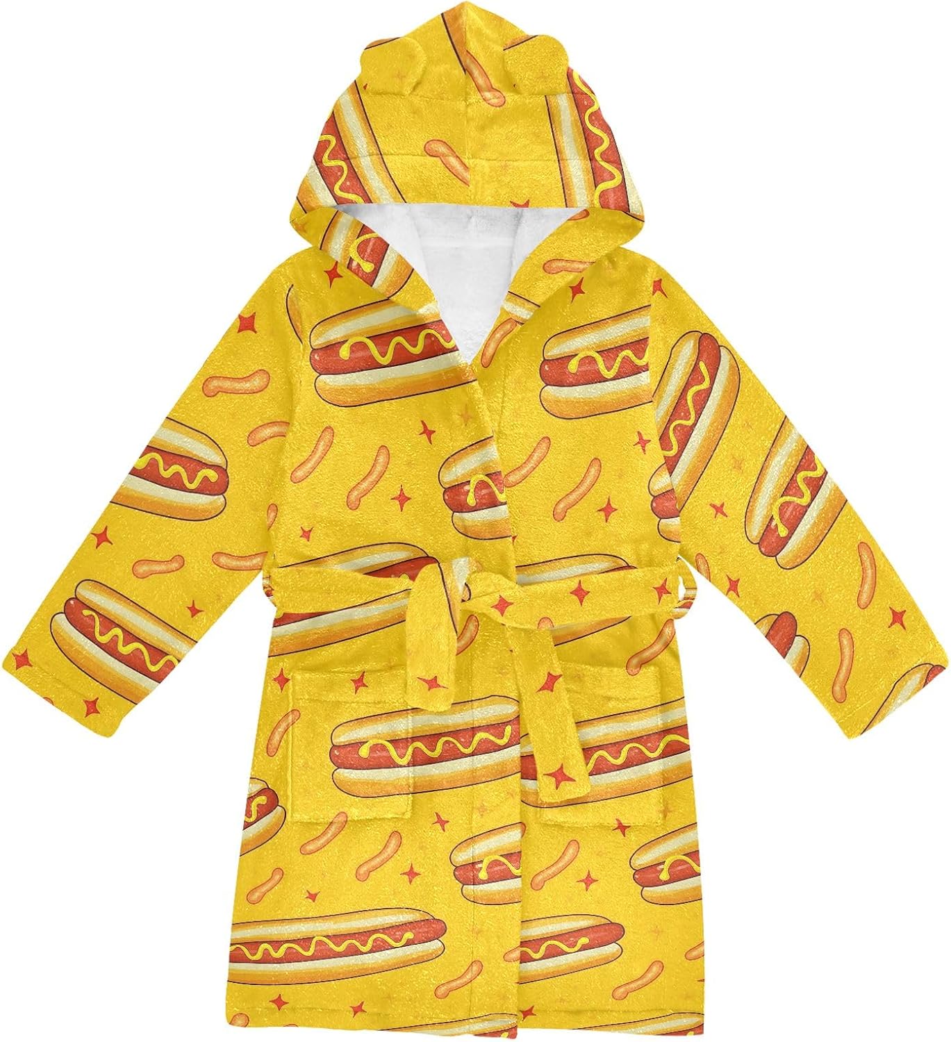 Hotdog Yellow Pattern Toddler Hooded Bathrobe for Boys Girls Soft Plush Bath Towel Robe 2-12 Years