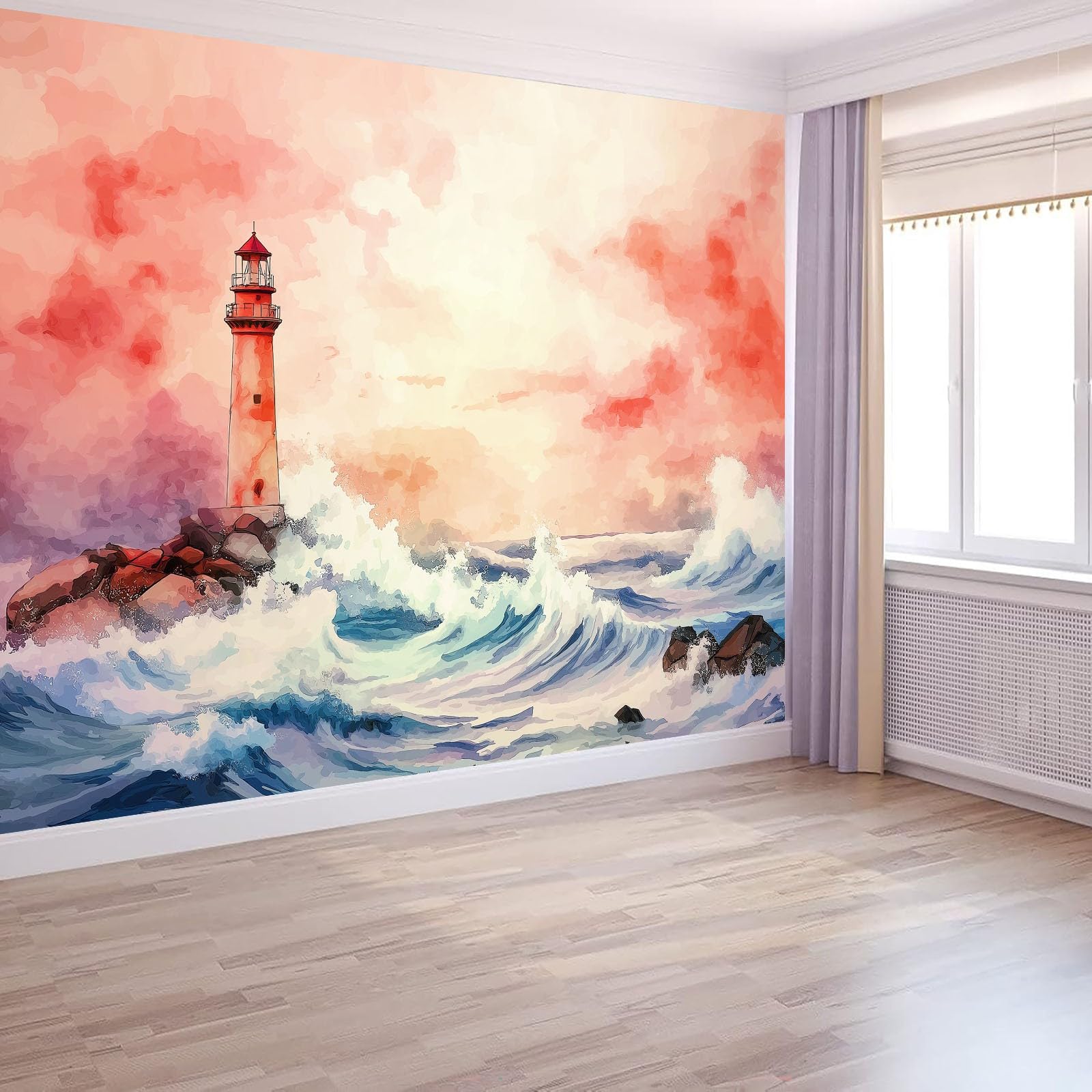 Fototapeta z włókniny, styl akwarelowy, tapeta 200 x 140 cm (szer. x wys.), nowoczesna tapeta z włókniny, efekt 3D, dekoracja ścienna, morze, skalista latarnia morska, tapeta ścienna, tapeta ścienna