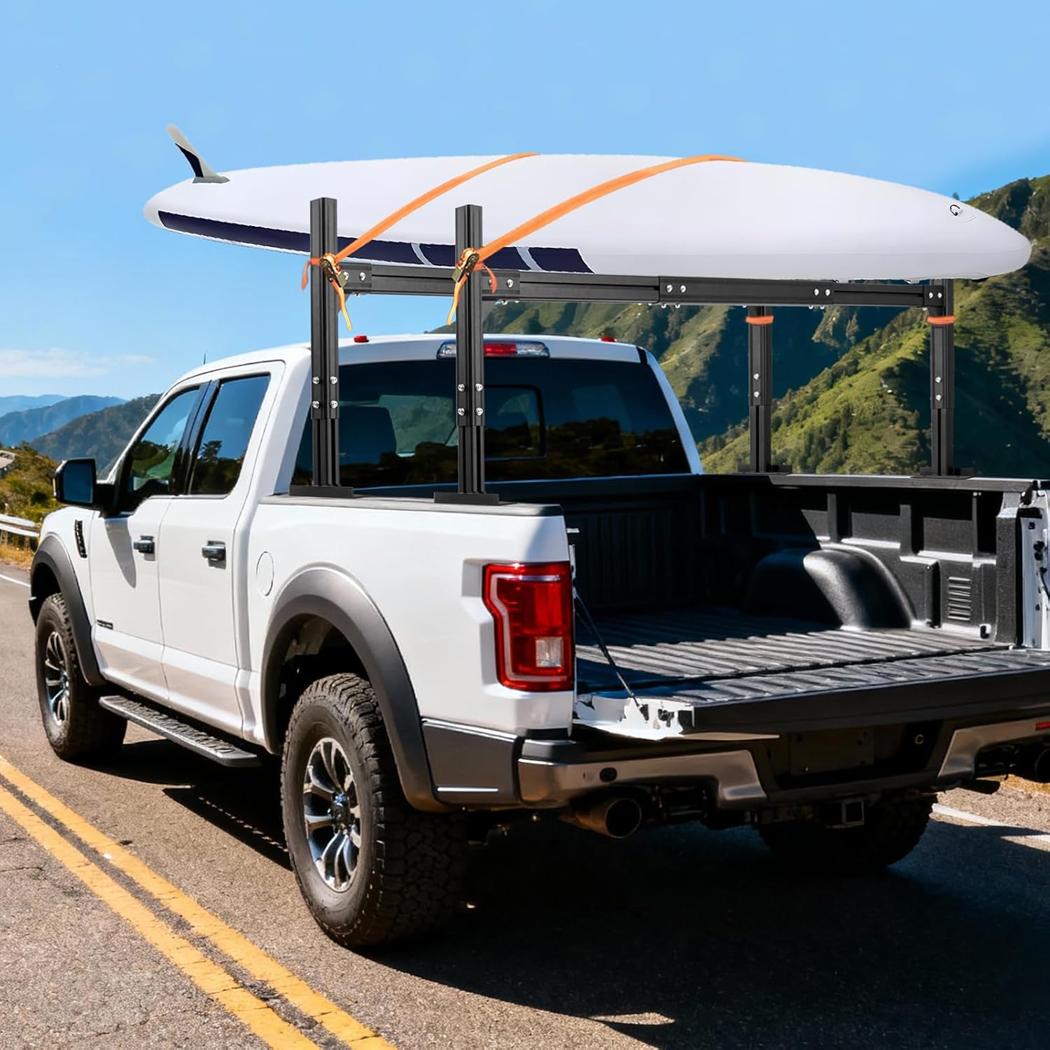Adjustable Truck Ladder Rack, Universal Trailer Rack - Width & Height Adjustable Aluminum Rack with 800LB Capacity & 2 Straps for Lumber, Ladders, Kayak