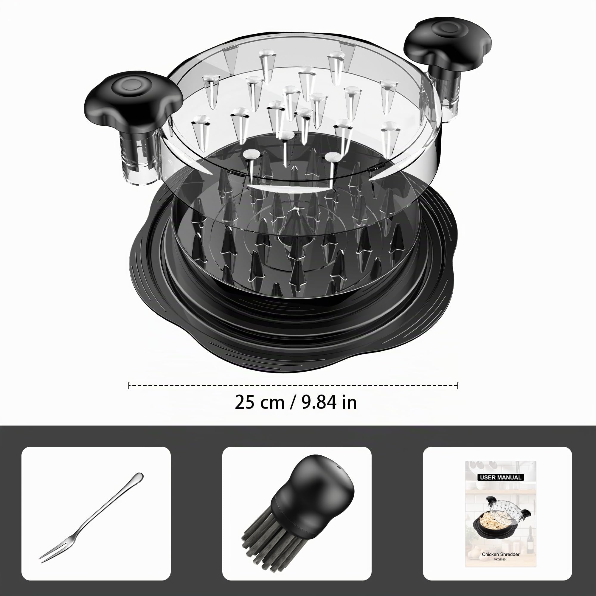 Trituratore di pollo grande con spazzola e forchetta – Tritapolli visibile con striscia antiscivolo, manico ergonomico, senza BPA, adatto per pollo, maiale e manzo (nero)