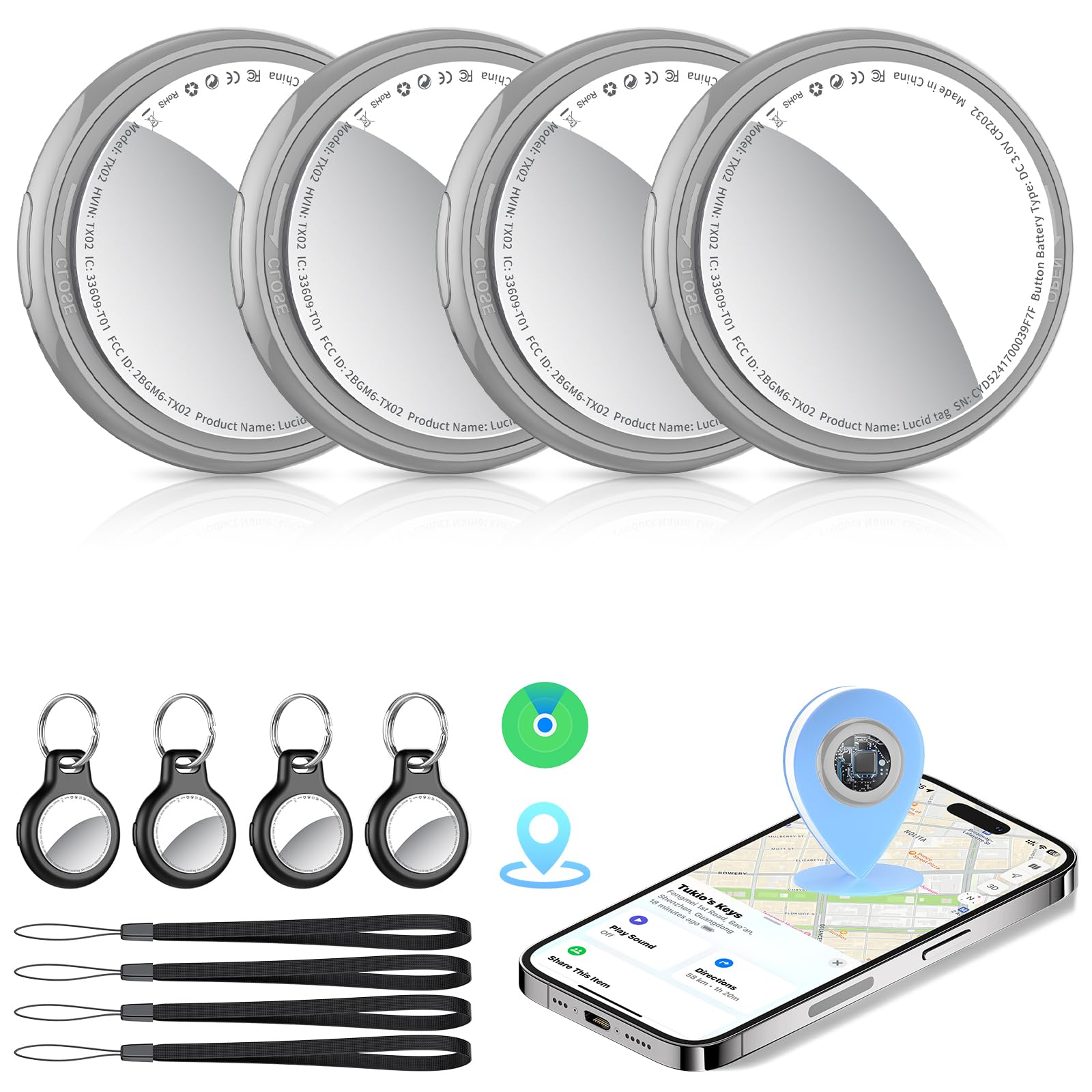 Tukio Smart Tracker Tags 4 Pieces (iOS Only) Tag Locator Bluetooth | Object Finder Support Find Apple, Replaceable Battery, IP67 Waterproof, Tracker for Keys, Backpack, Suitcases