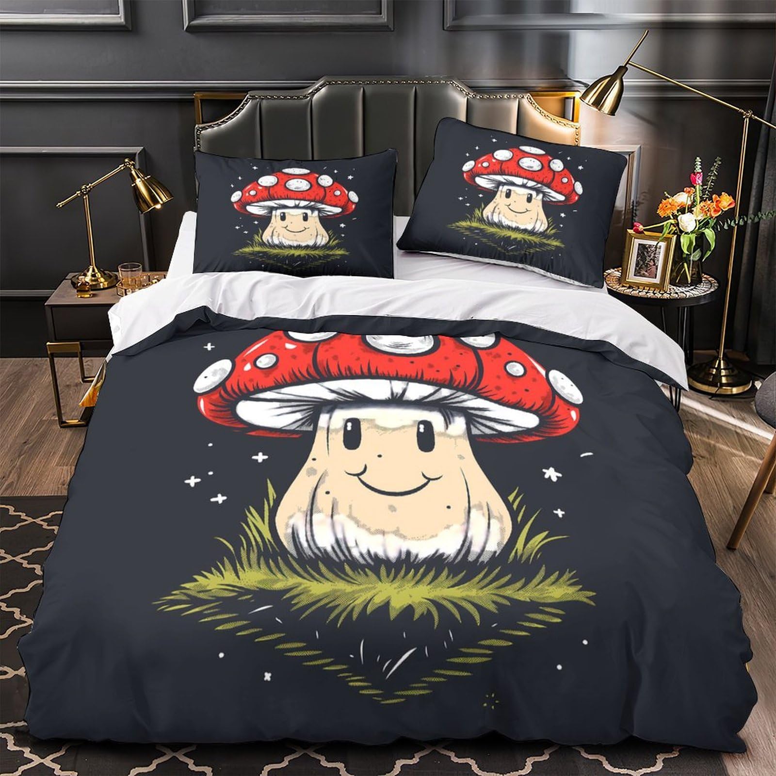 Housse de Couette Champignon Rouge parure lit simple 135x200