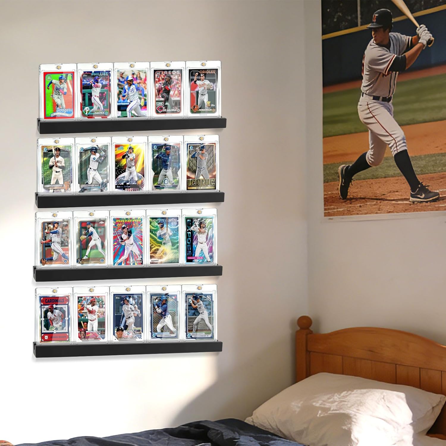 Wooden Sports Card Display Shelf for Wall - 4 Pack, Holds 20 Trading Cards, Card Wall Display for Baseball, Football, Basketball and Standard Graded Cards Collections (Black)