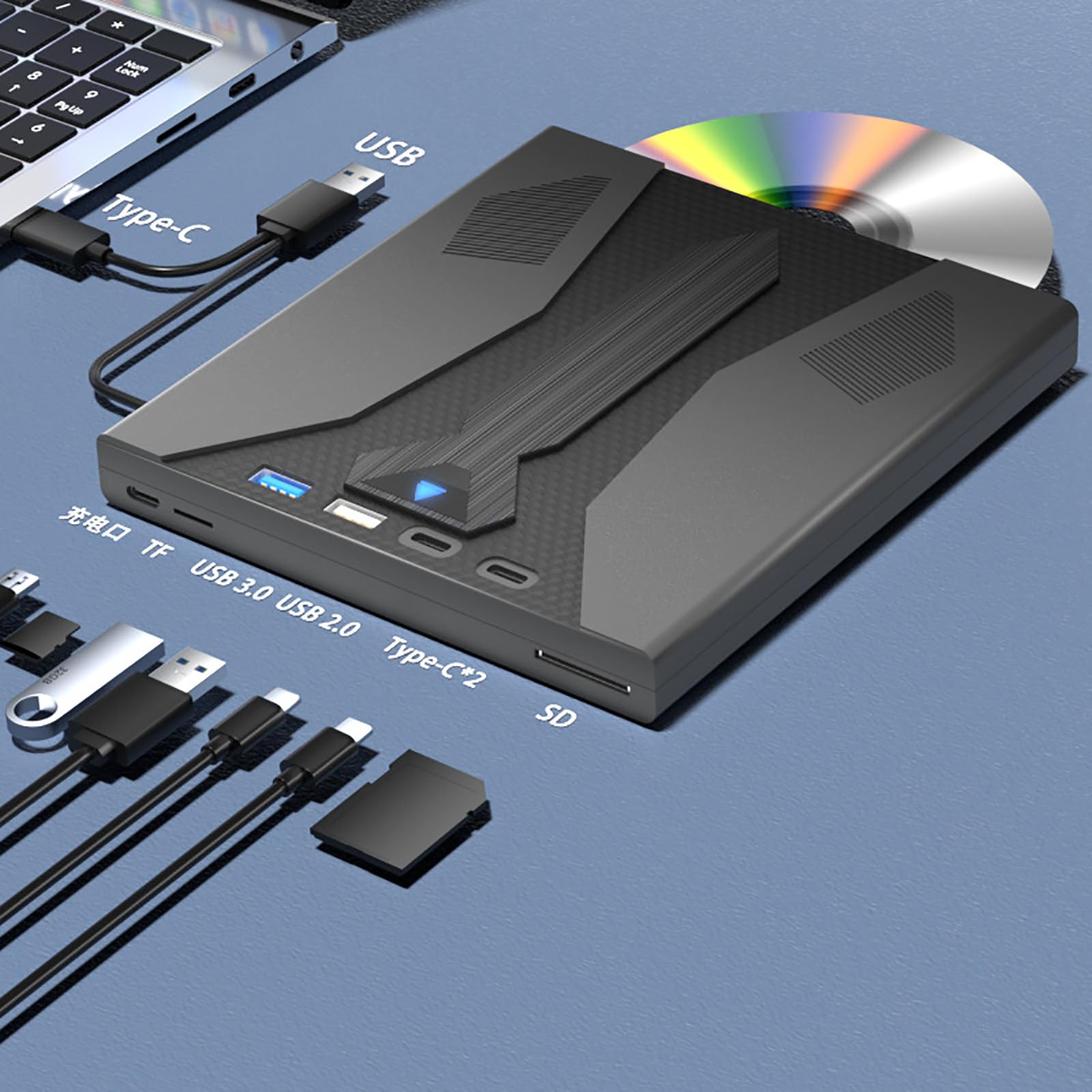 Zewnętrzny Napęd Optyczny Usb 3.0/Typ-C, Nagrywarka CD/DVD, Szybki Transfer 5 Gb/S, Obsługa Kart SD/TF, Do Laptopów I Komputerów Stacjonarnych, Instalacja Bez Sterowników