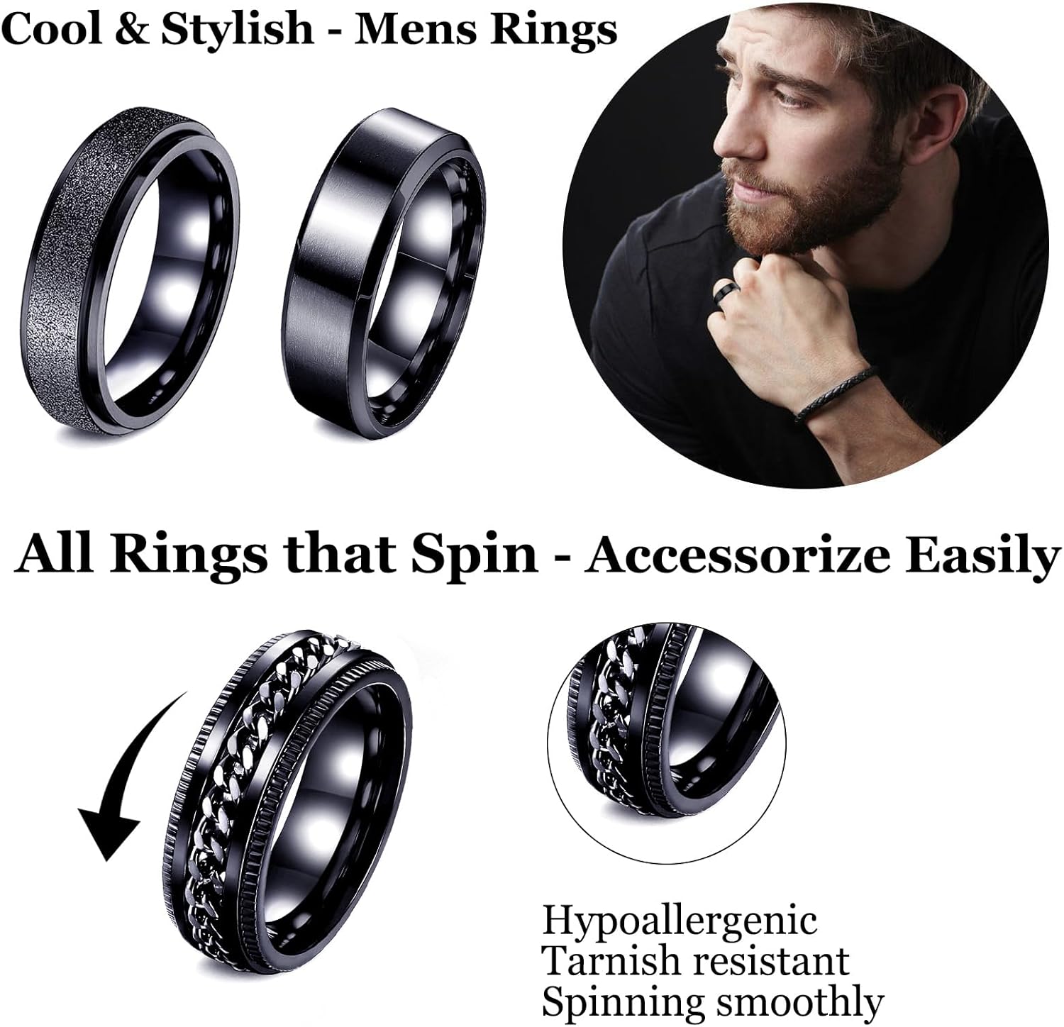 Fidget Rings for Anxiety 4-6pcs Stainless Steel Rings for Men Fidget Ring Black Anxiety Spinner Ring Set for Women Men - Image 2
