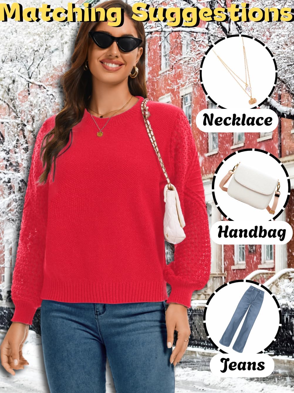 Kaei&Shi Women Cable Knit Sweater,Crewneck Puff Long Sleeve Sweaters,Fall Family Photo Outfits - Image 5