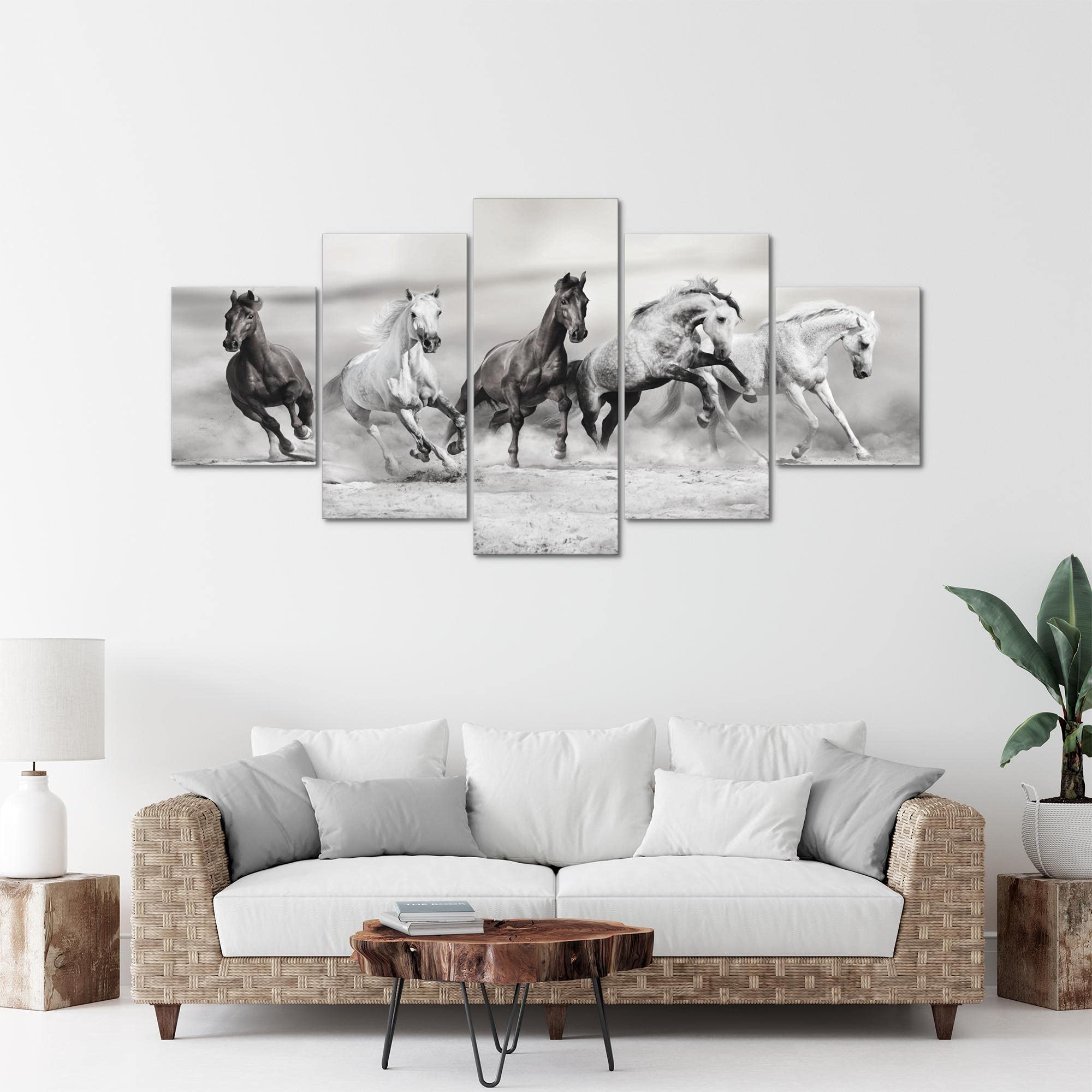 Runa Art - Quadri Cavalli 200 x 100 cm 5 Pezzi XXL Decorazione Murale Design Bianco e Nero 014151c