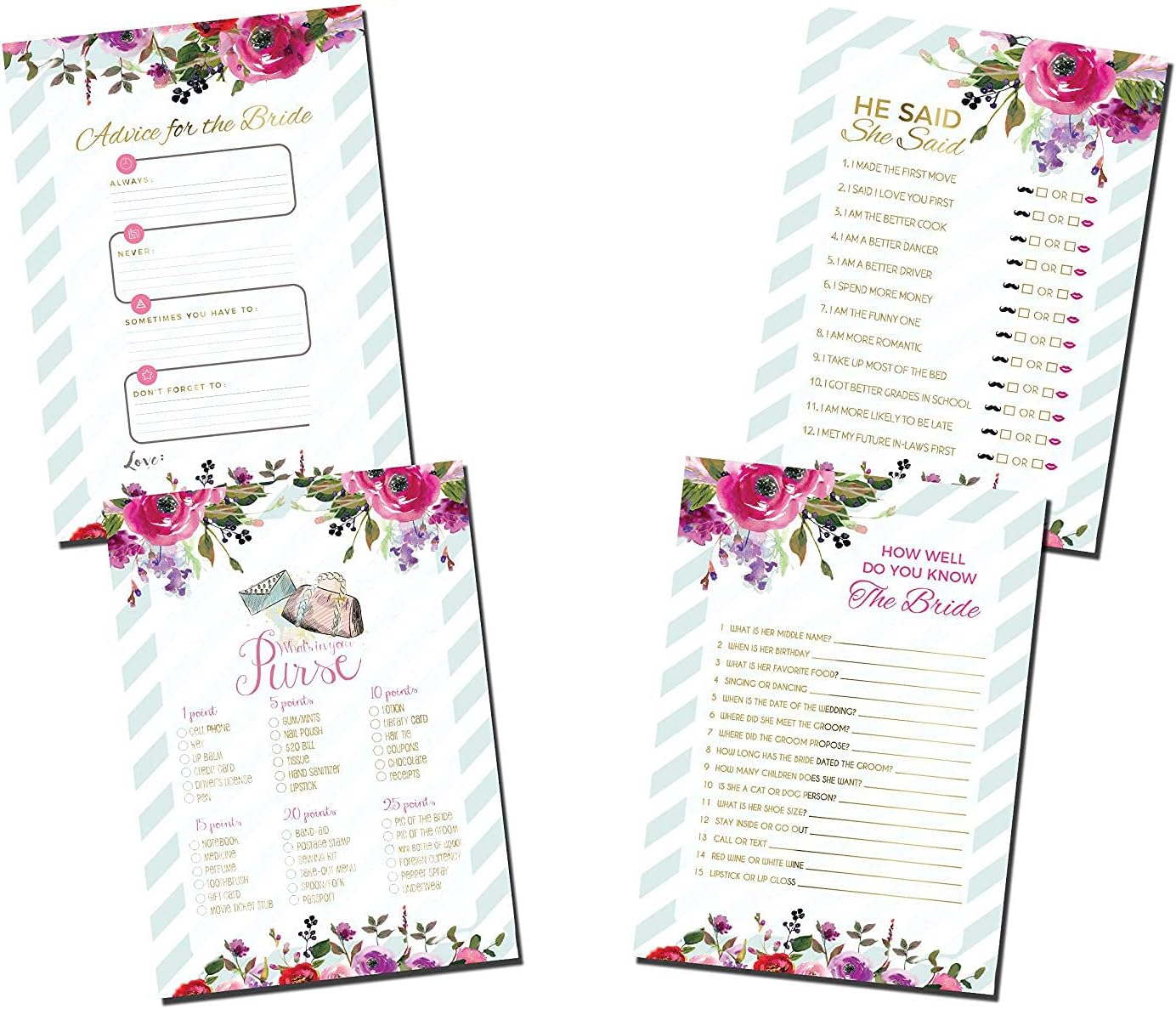 Floral Bridal Shower Games - Bundle With Gold Glitter Banner | 50 Advice for the Bride Cards | 50 He Said She Said | 50 How Well do you Know the Bride | 50 Emoji Pictionary