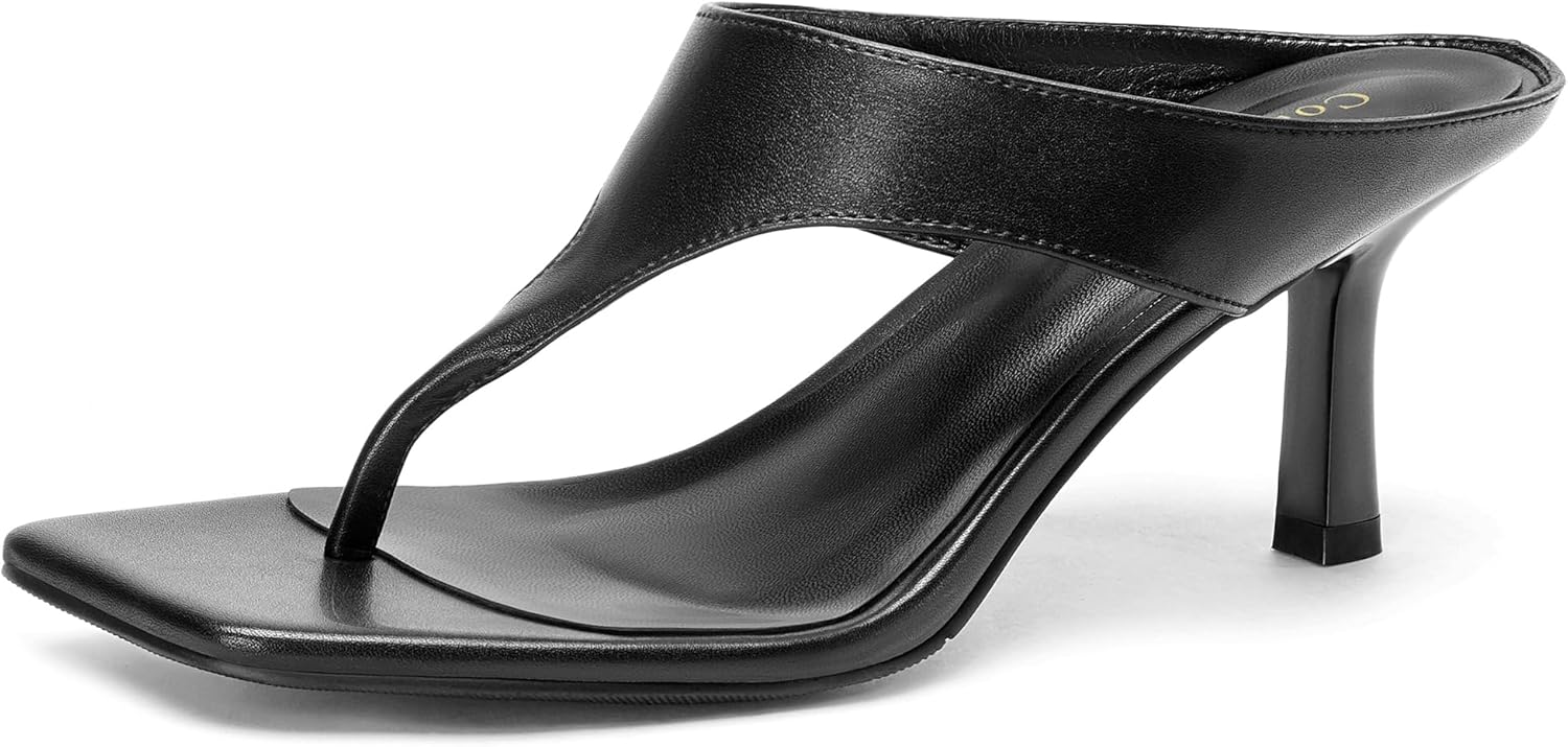 CouieCuies Women Kitten Heel Sandals 2.56 Inch Flip Flop Heels Open Square Toe Thong Heels Slip on Dress Heeled Sandals, Fashion Comfort Shoes for Party Casual Slides
