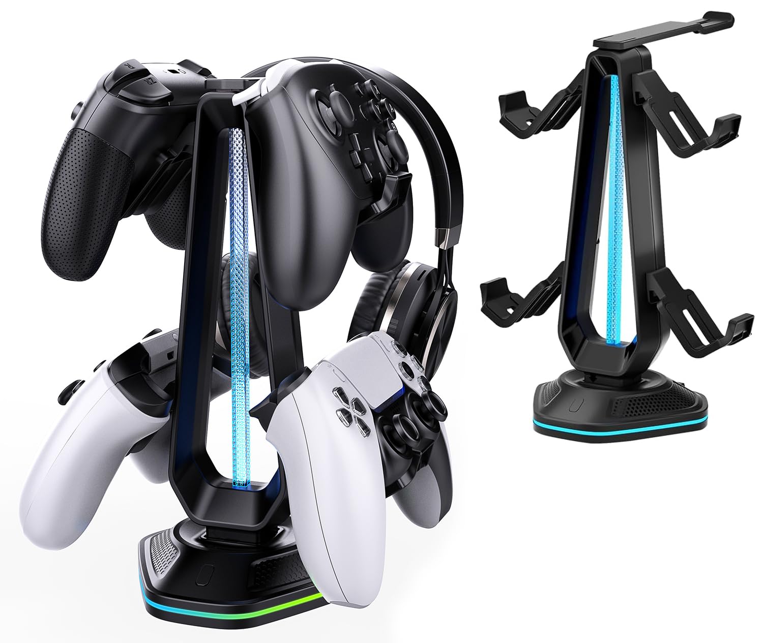 Soporte RGB para auriculares con 9 modos de luz y 2 puertos de carga USB, soporte de controlador para escritorio, soporte para auriculares y gancho de controlador desmontable para accesorios