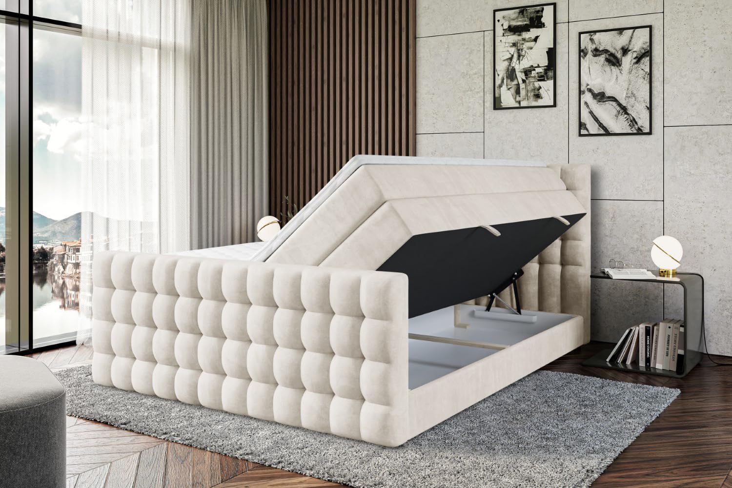 ALTDECOR Boxspringbett mit Matratze und Lattenrost, Topper, Fußteil, Polsterbett mit Bettkasten, Bett mit Stauraum H3- und H4- Matratze,Springboxbett - VIONE-Z King - 200x200 - Beige Samt