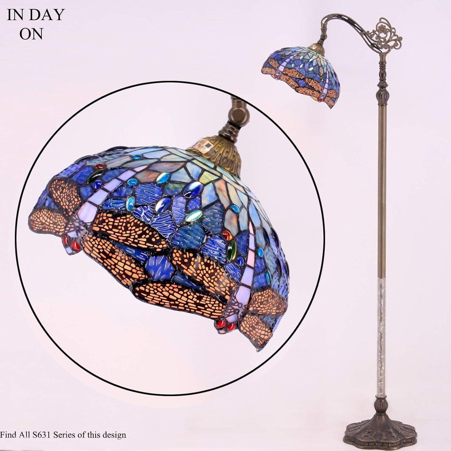 WERFACTORY Tiffany Floor Lamp Blue Stained Glass Dragonfly Arched Lamp 12X18X64 Inches Gooseneck Adjustable Corner Standing Reading Light Decor Bedroom Living Room S631 Series