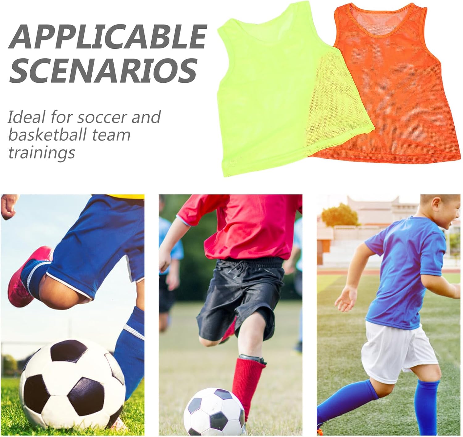 GARVALON 12pcs Youth Soccer Pinnies Training Vests Reusable Mesh Football Scrimmage Shirts for Team Practice in Fluorescent Green and Orange