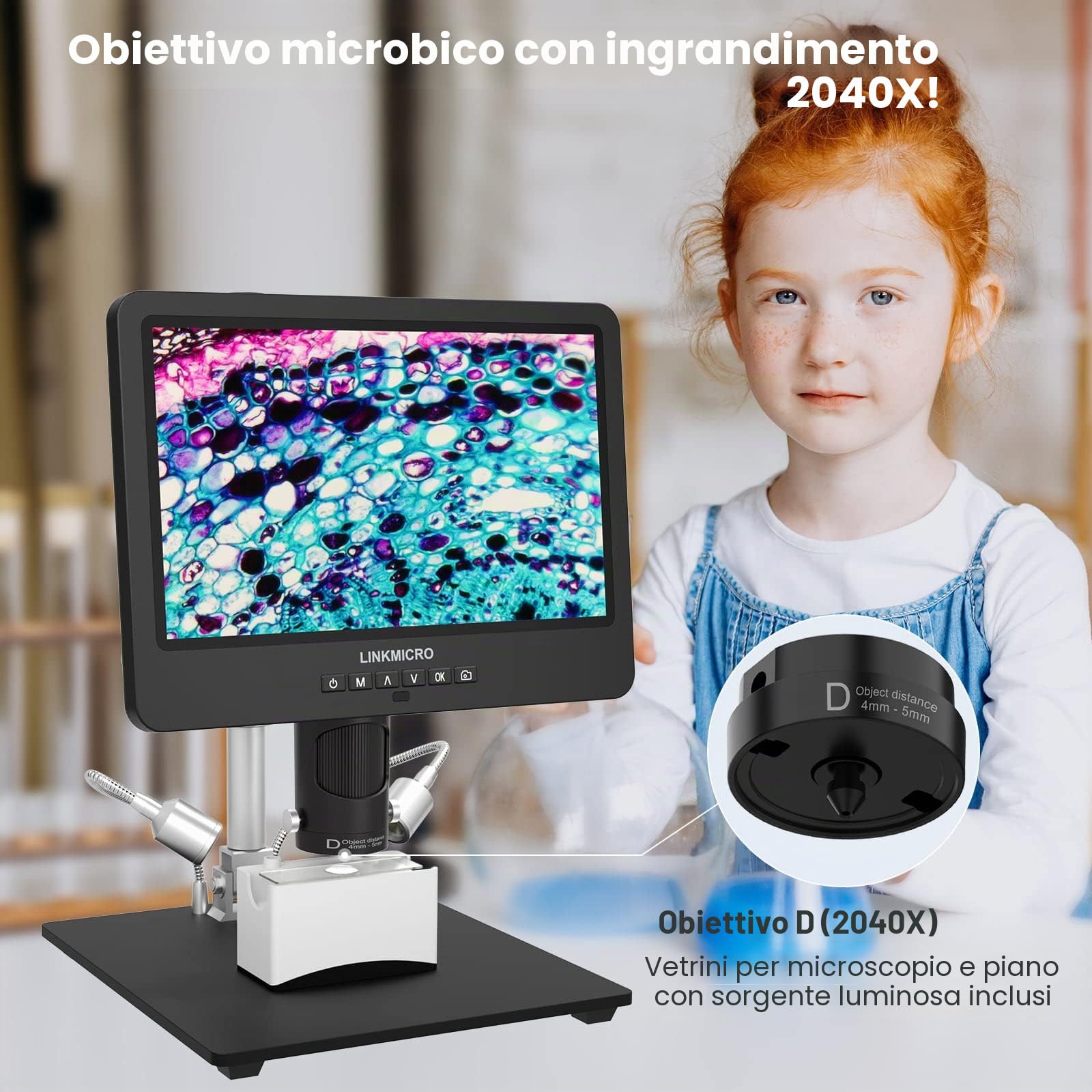 LM249MS 3-Lenti 10" Microscopio Digitale HDMI 2000X UHD 2160P Microscopio per Saldatura per Adulti 13" Supporto in Metallo