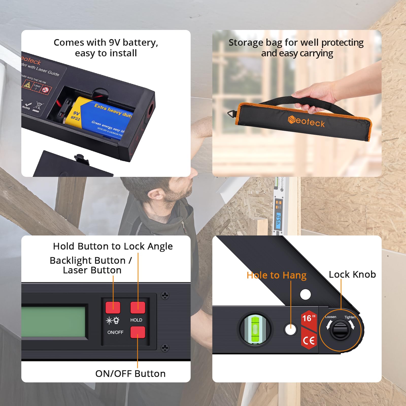 Neoteck Rapporteur d’Angle Laser 225° – Outil de Mesure d’Angle Numérique Précision ±0,5°, Règle d’Angle Aluminium avec Laser de Guidage, HOLD & Verrouillage, Bricolage, Menuiserie, Chantier - Noir