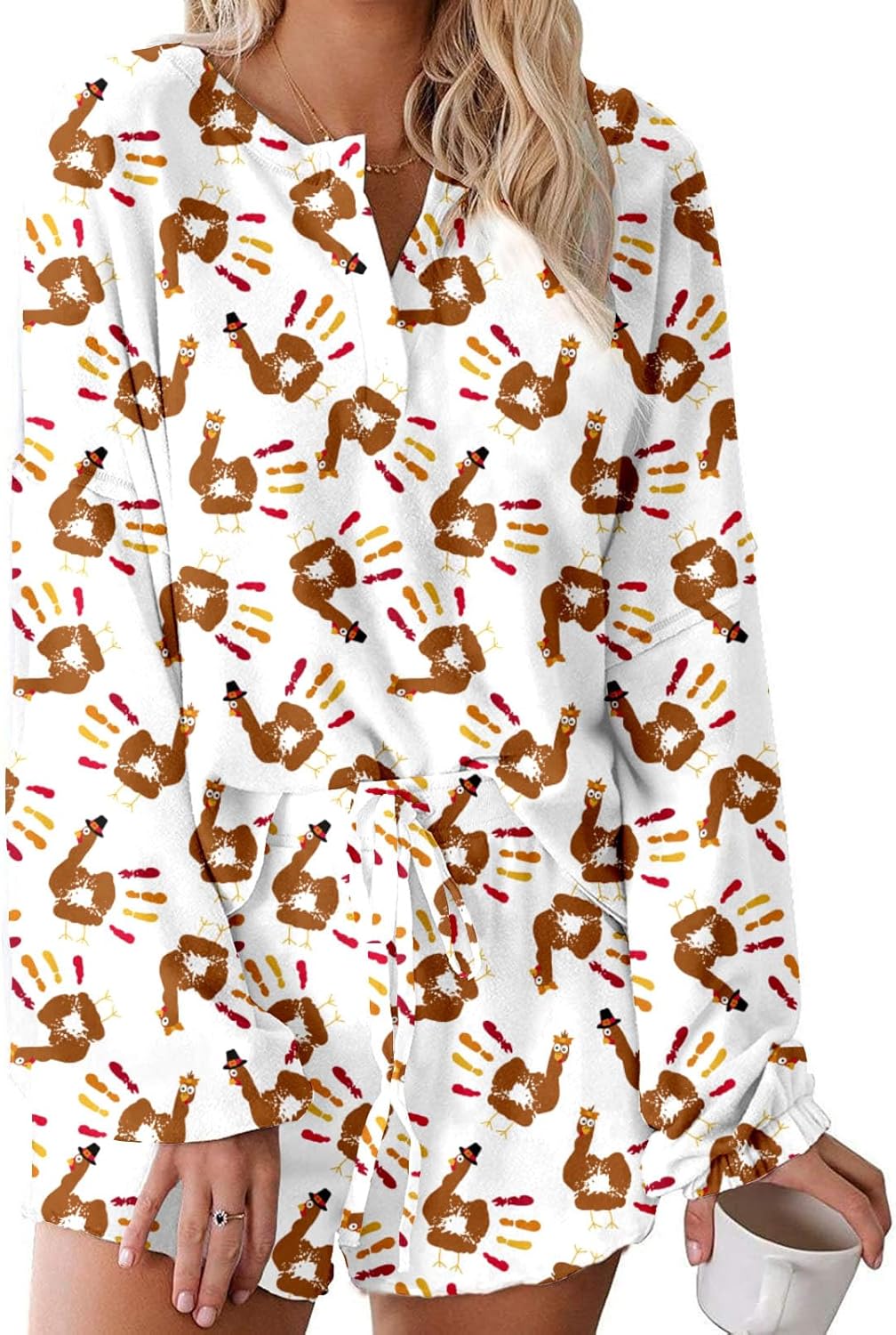 Halloween Pjs Womens Ruffle Long Sleeve Tops and Short Sets Pumpkin Halloween Pajamas