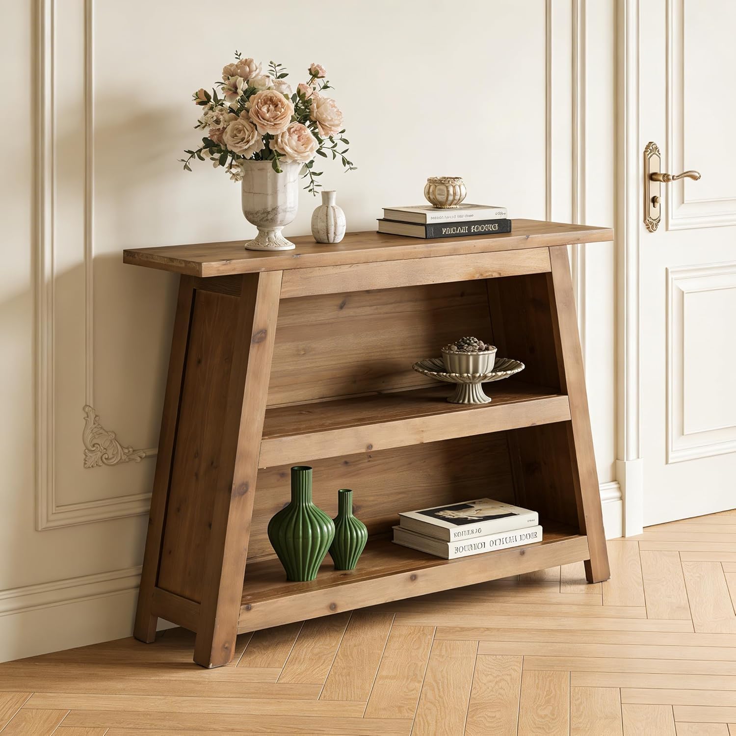 Table console en bois massif de 120 cm avec étagères de rangement, table basse à 3 étages derrière le canapé pour couloir, salon, entrée