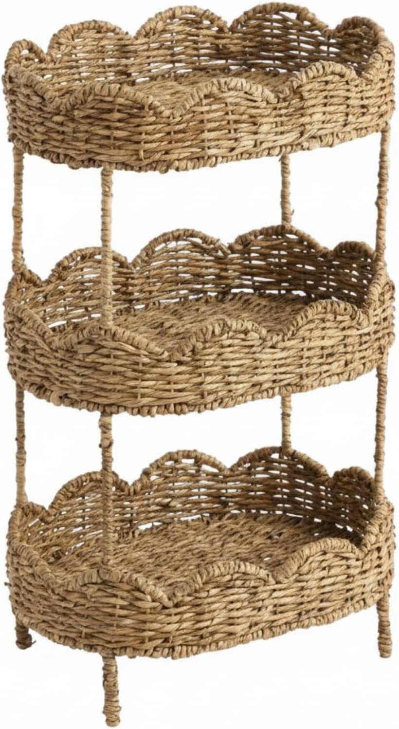 3 Tier Floor Stand Scalloped Basket Stand 3 Tier Oval Seagrass Scalloped Storage Basket Floor Rack with Market Baskets Hand Woven Laundry Rack for Bathroom Kitchen Laundry Living Room Storage