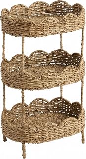 AceOrbit 3 Tier Floor Stand Scalloped Hand Woven Basket Stand Oval Seagrass | 3 Tier Storage Basket, Floor Rack with Market Baskets, Laundry Rack for Bathroom Kitchen Laundry Living Room Storage