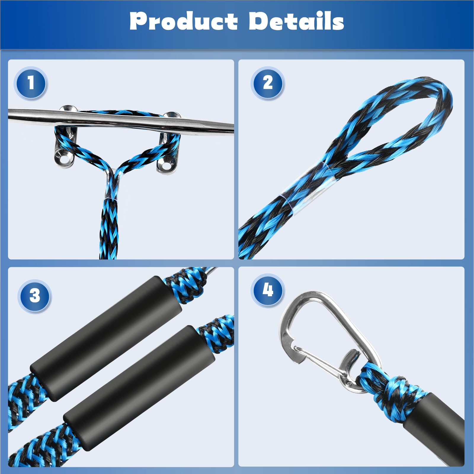 2 corde elastiche per barche, 1,2 m, corda di ormeggio per attracco si estende fino a 1,8 m, accessori per barche, corde di attracco PWC per barche con gancio (blu)