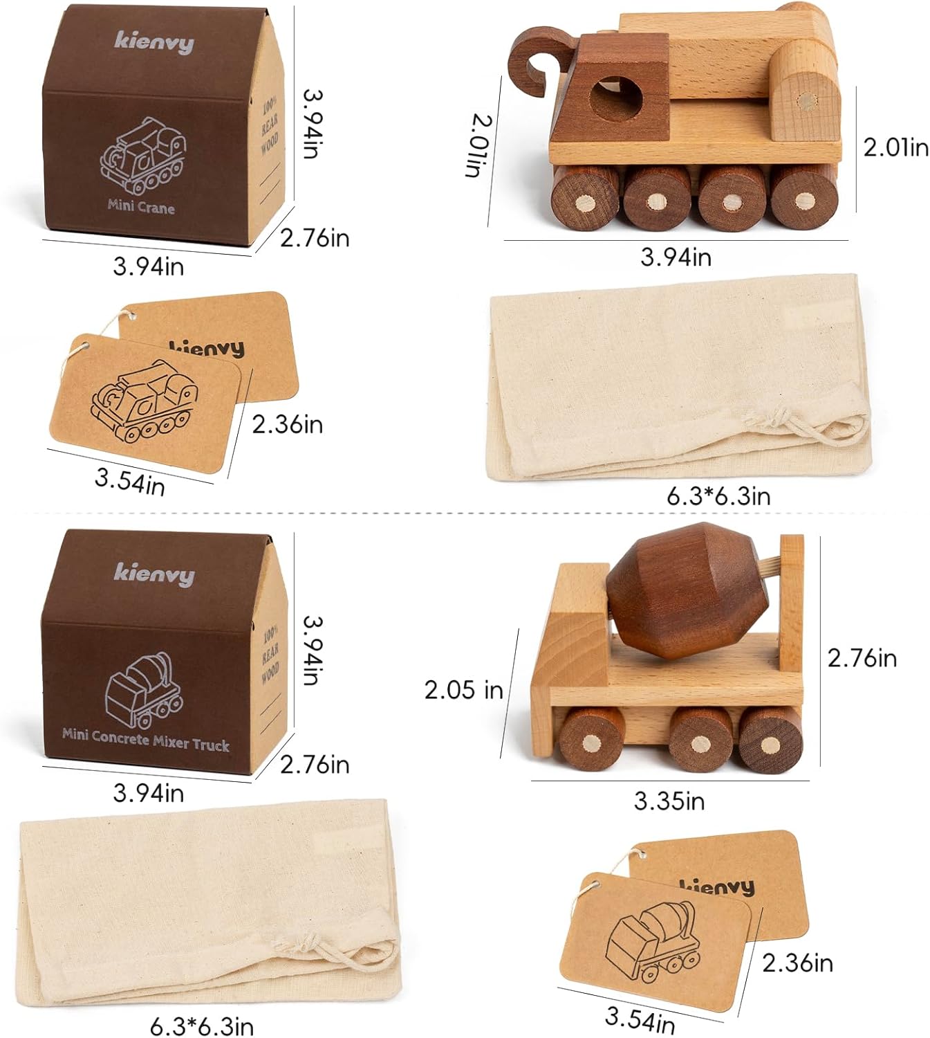 Wooden Toy Cars for 3 Year Old Boys & Girls - Construction Vehicles Set Push Toys for Toddlers, Wood Montessori Car with Rolling Wheels, Natural Wood Toys (Crane & Concrete Mixer Truck)