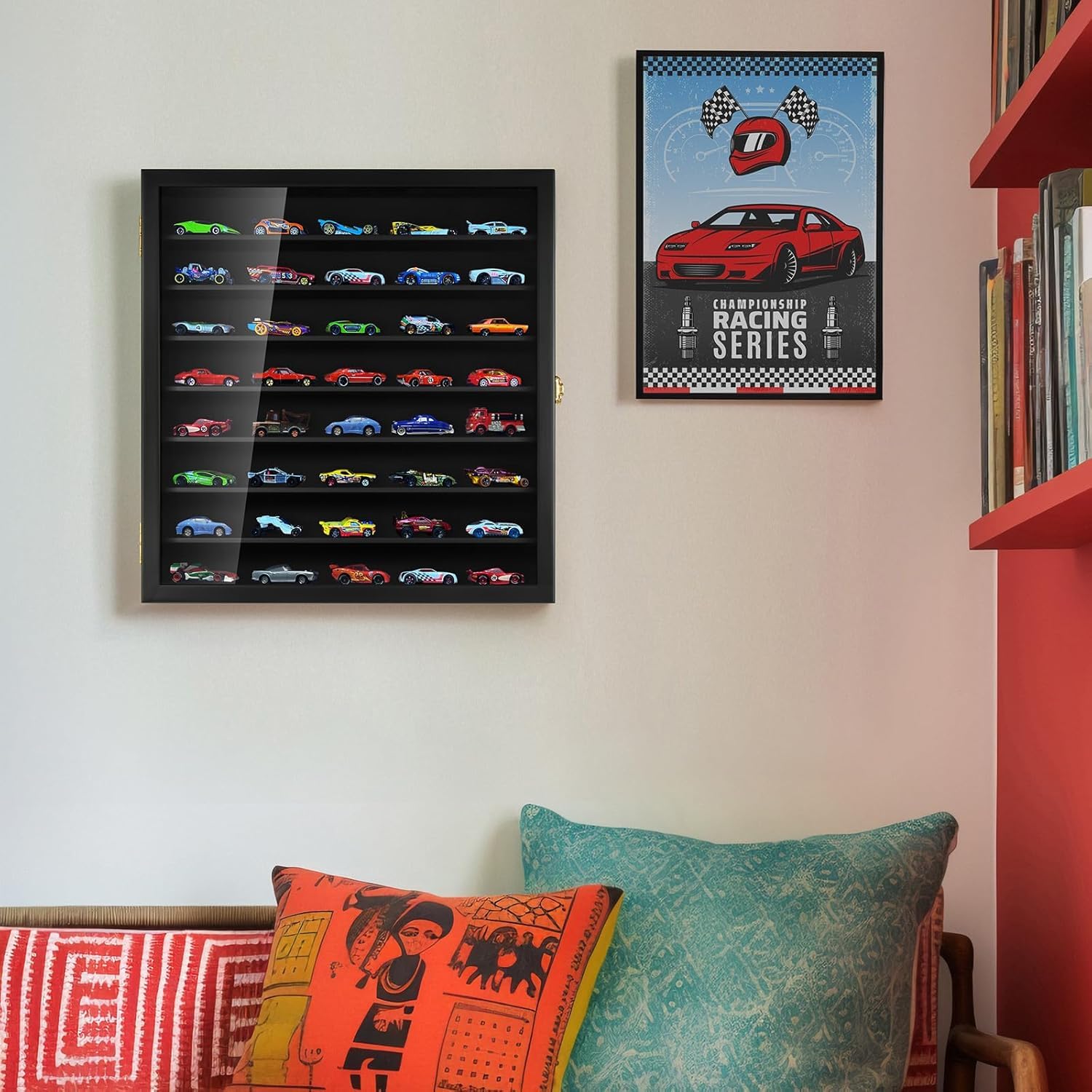 TJ.MOREE Model Car Display Case 1/64 Scale Diecast Wall-Mounted for Mini Toys and Small Wheels, Black