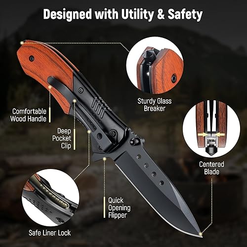 Vista 31 de Navaja de bolsillo para hombre – Cuchillos de bolsillo plegables con mango de madera con clip, rompedor de vidrio, cuchillo EDC de hoja afilada