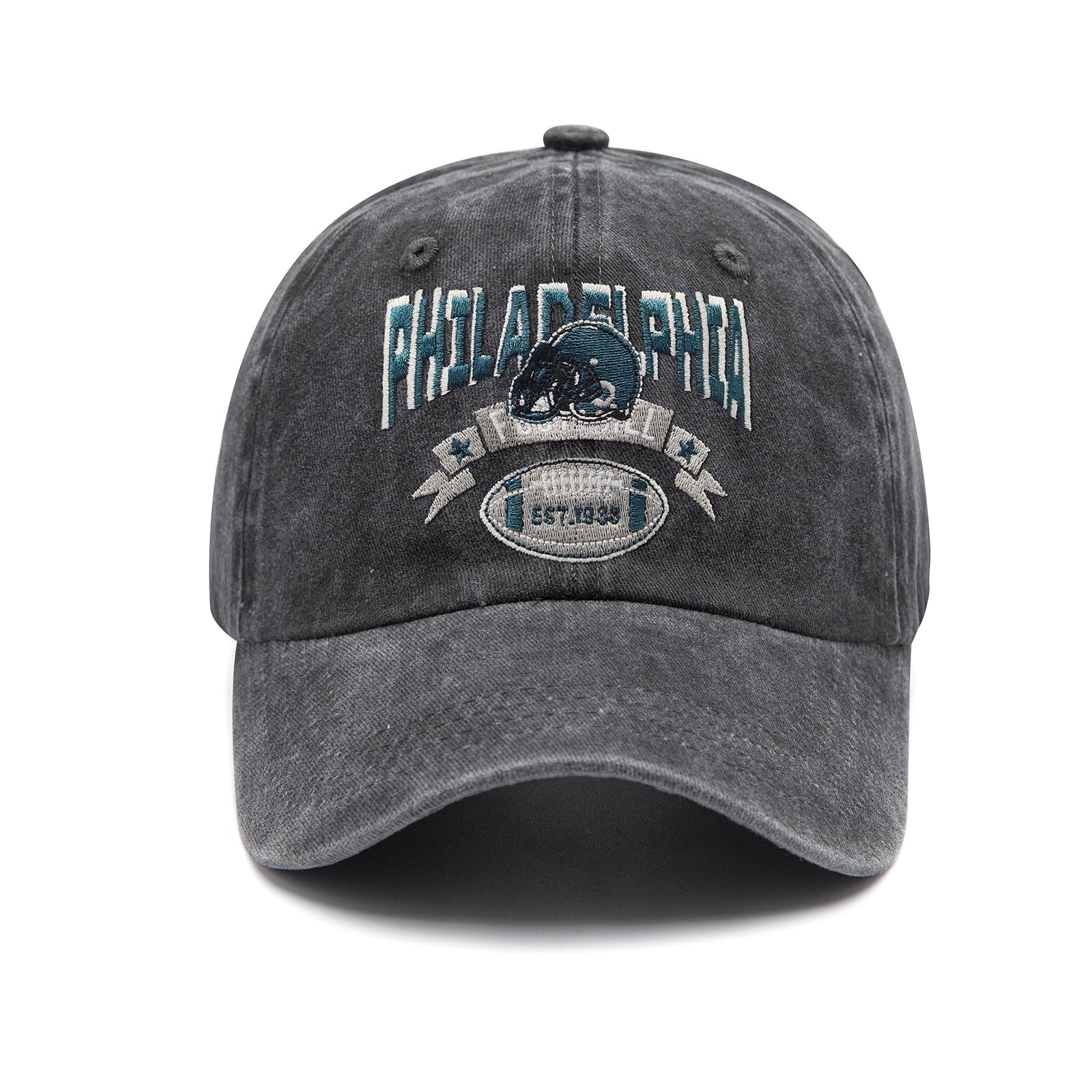 Embroidered City Vintage Washed Denim Football Hats for Men Women, Unisex Adjustable Cotton Fans Baseball Cap, For Philadelphia, One size